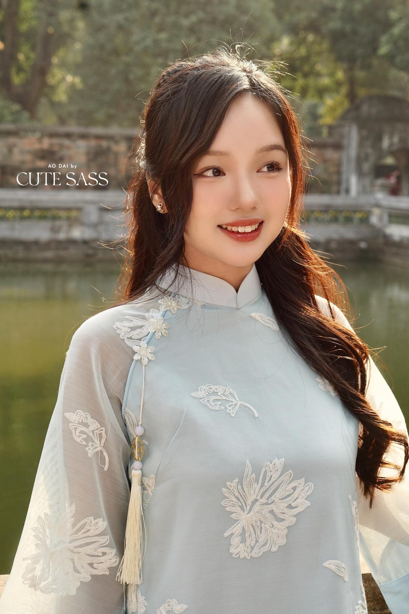 Shifted Blue Embroidery Chiffon with Flower Pearl Ao Dai Set |Pre-made Vietnamese Women Ao Dai with Pants | Lunar New Year|Ao Dai Cach Tan