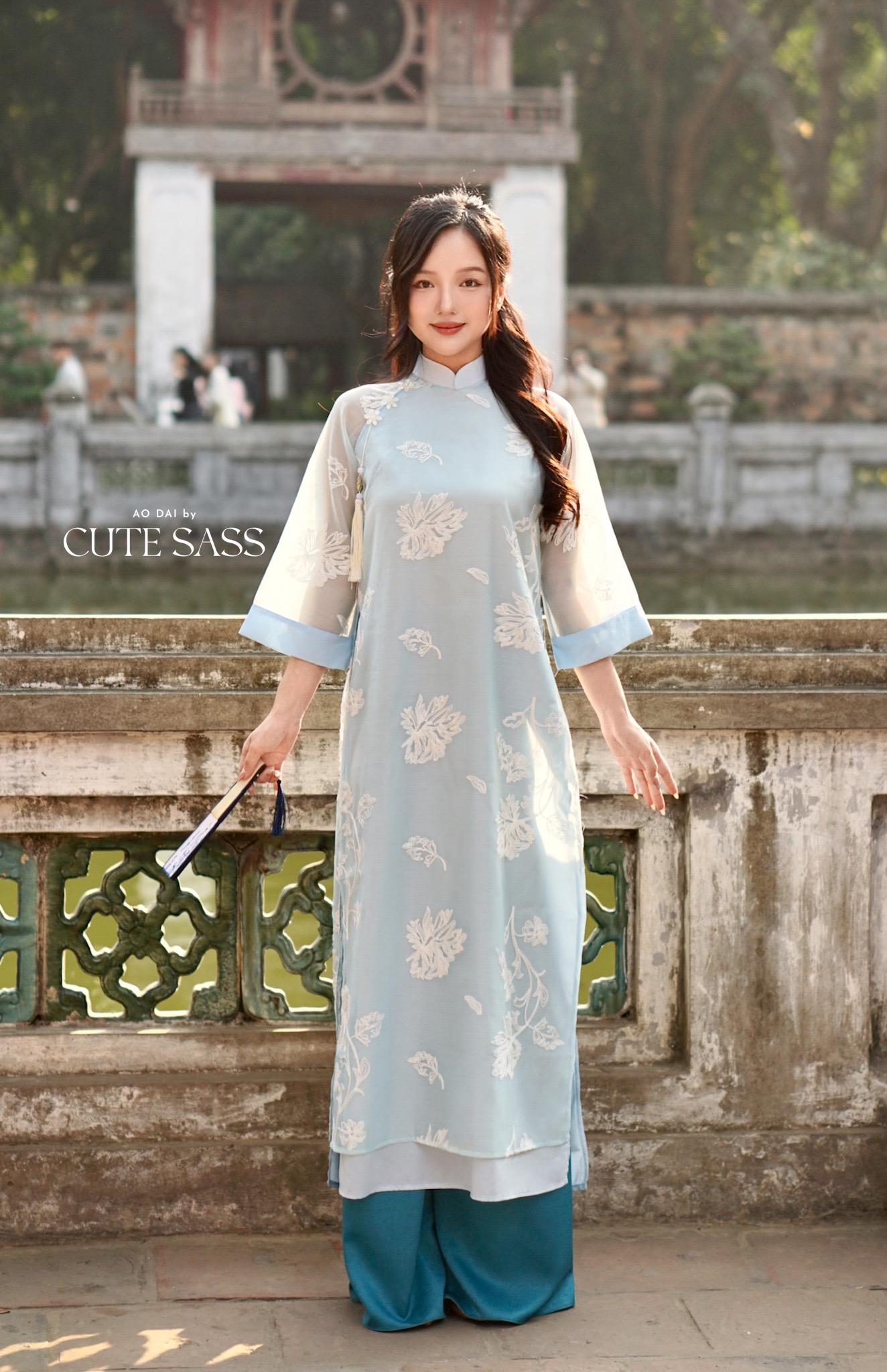 Shifted Blue Embroidery Chiffon with Flower Pearl Ao Dai Set |Pre-made Vietnamese Women Ao Dai with Pants | Lunar New Year|Ao Dai Cach Tan