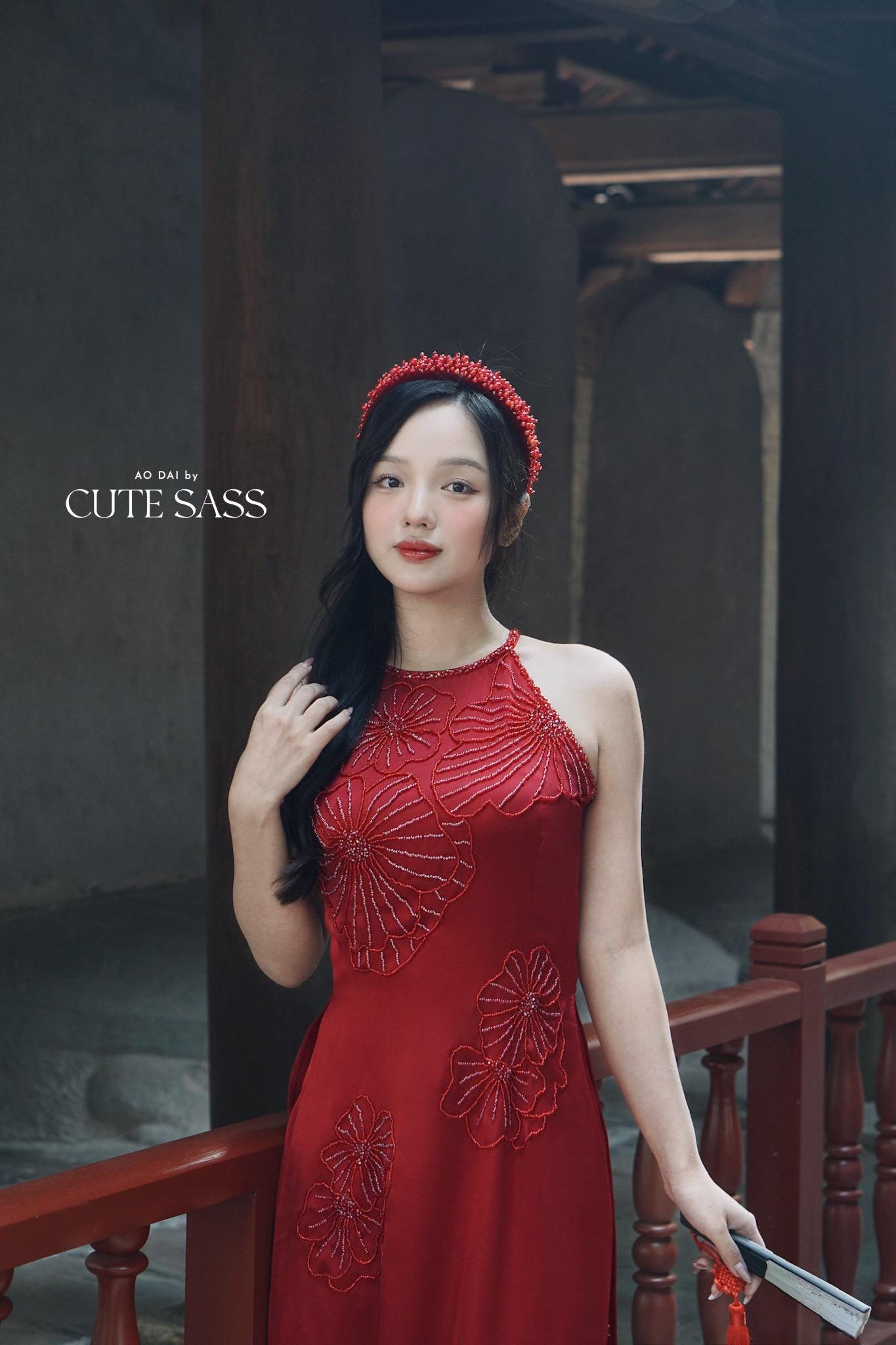 Red Bling Yem-Inspired Ao Dai Set (No Headband)| Pre-made Modernized Vietnamese Ao Dai with Pants| Lunar New Year