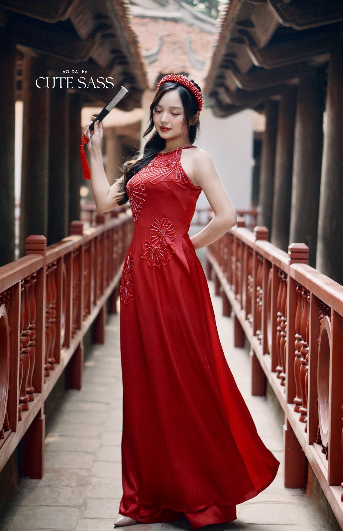 Red Bling Yem-Inspired Ao Dai Set (No Headband)| Pre-made Modernized Vietnamese Ao Dai with Pants| Lunar New Year