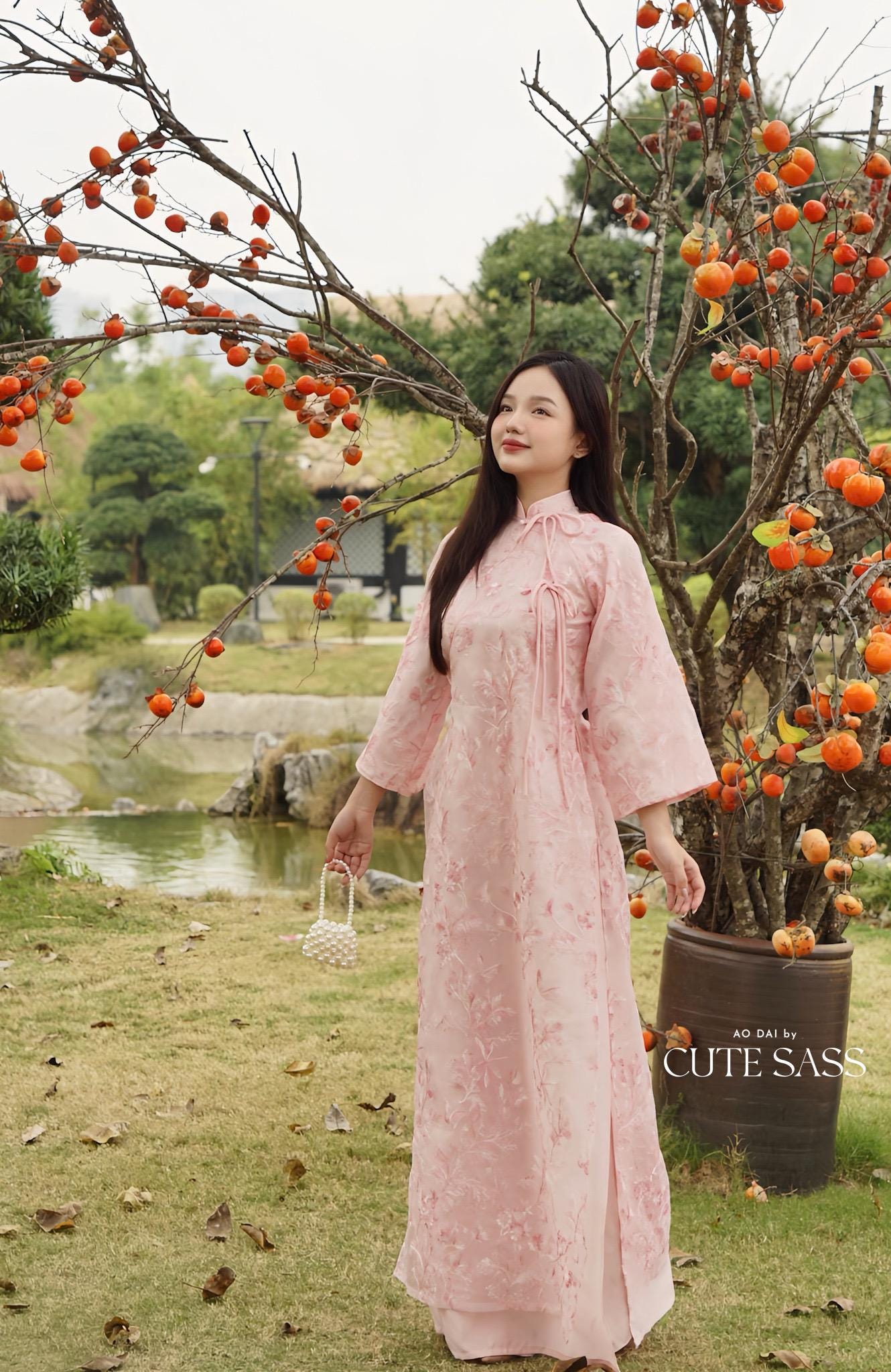 Shifted Pink Embroidery Butterflies Bows Ao Dai Set |Pre-made Vietnamese Women Ao Dai with Pants | Lunar New Year|Ao Dai Cach Tan