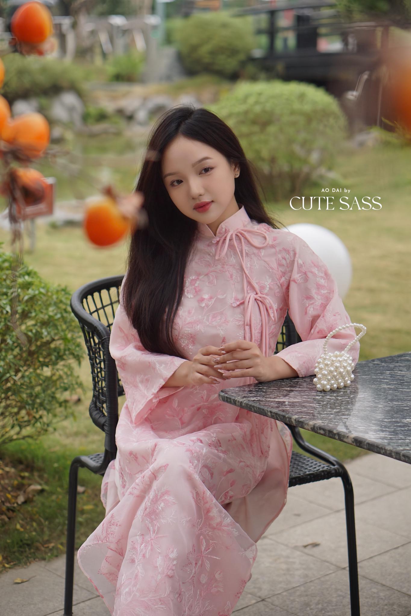 Shifted Pink Embroidery Butterflies Bows Ao Dai Set |Pre-made Vietnamese Women Ao Dai with Pants | Lunar New Year|Ao Dai Cach Tan
