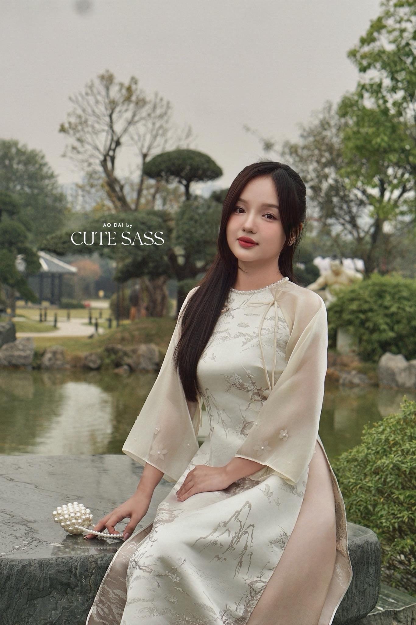 Cream Shiny Mountain Pearl Neckline Bow and Flower Sleeves Ao Dai Set|Pre-made Vietnamese Ao Dai | Lunar New Year|