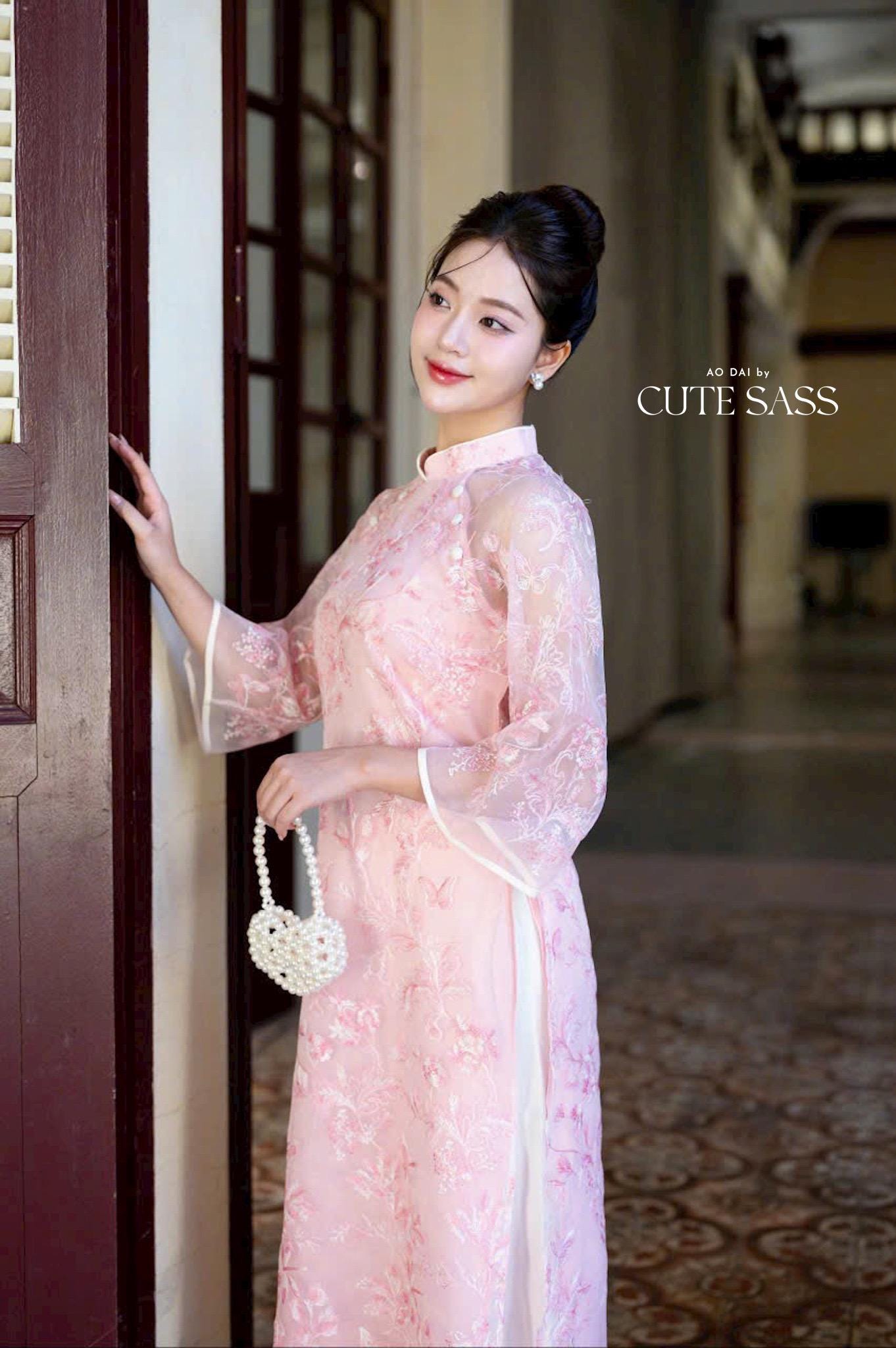 Shifted Pink Chiffon Embroidery with Buttons Ao Dai Set 12 A|Pre-made Vietnamese Women Ao Dai with Pants | Lunar New Year|Ao Dai Cach Tan