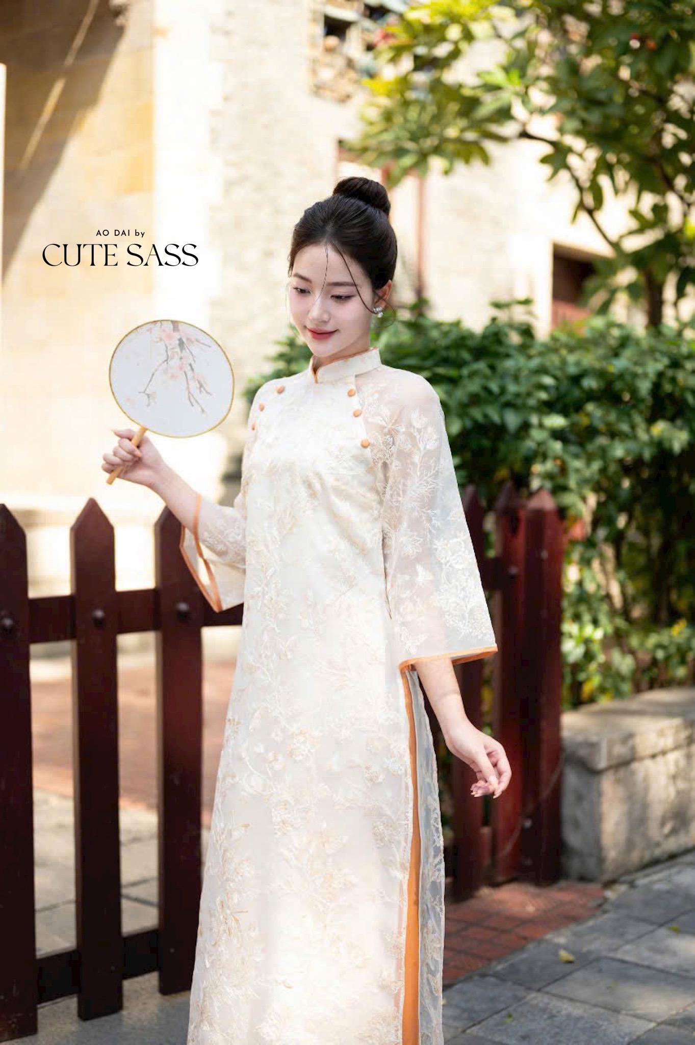 Shifted Cream Chiffon Embroidery with Coral Buttons Ao Dai Set 12 A|Pre-made Vietnamese Ao Dai with Pants | Lunar New Year|Ao Dai Cach Tan