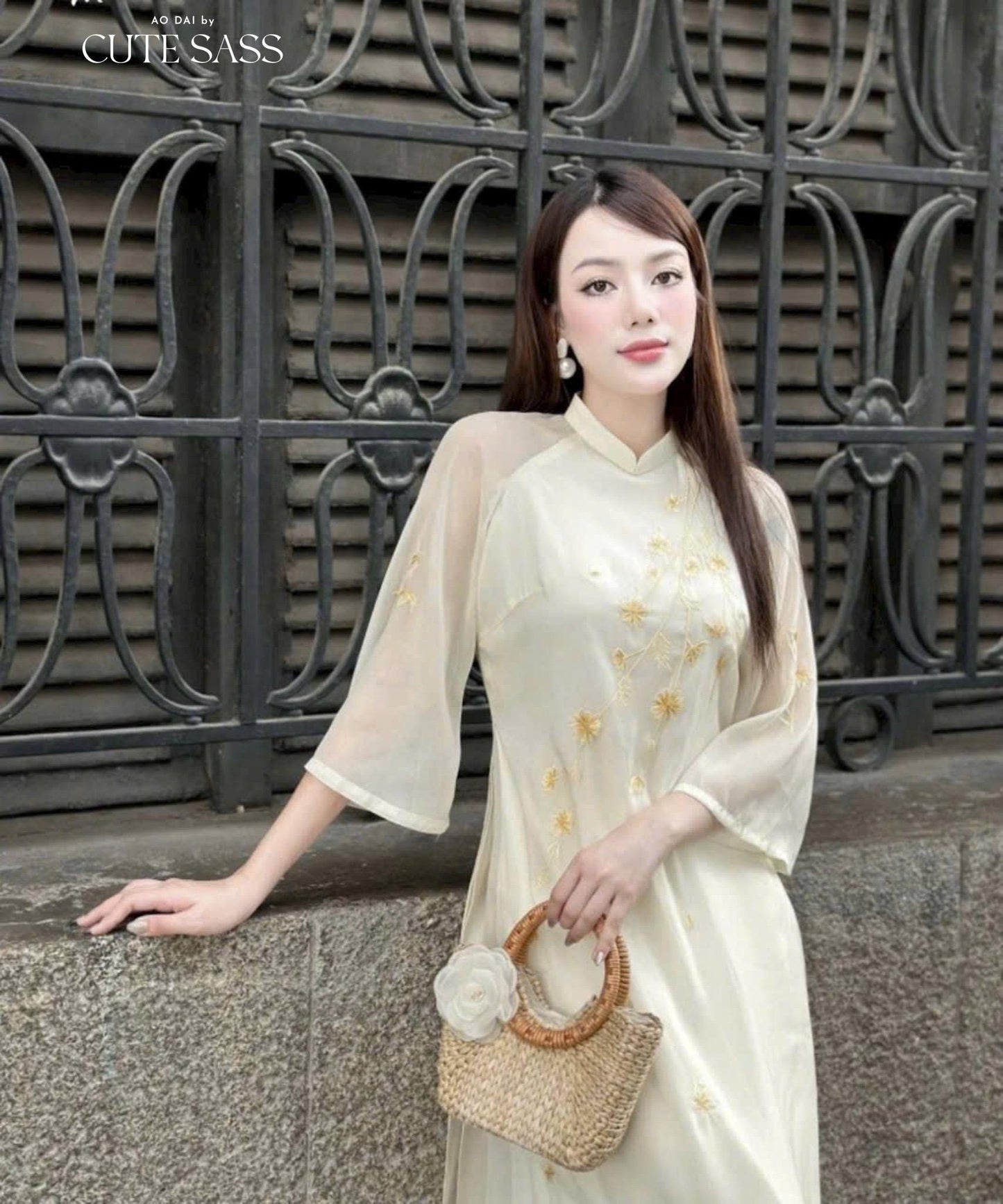 Cream Chiffon with Gold Mai Embroidery Mai Ao Dai Set 35B|Pre-made Vietnamese Ao Dai with Pants | Lunar New Year|Ao Dai Cach Tan