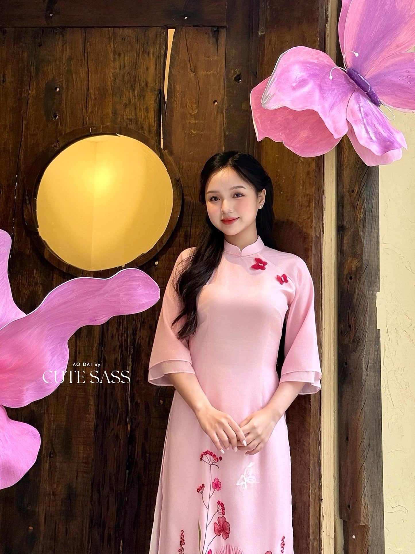 Pink Chiffon 3D Butterflies Ao Dai Set |Pre-made Vietnamese Ao Dai with Pants | Lunar New Year|Ao Dai Cach Tan