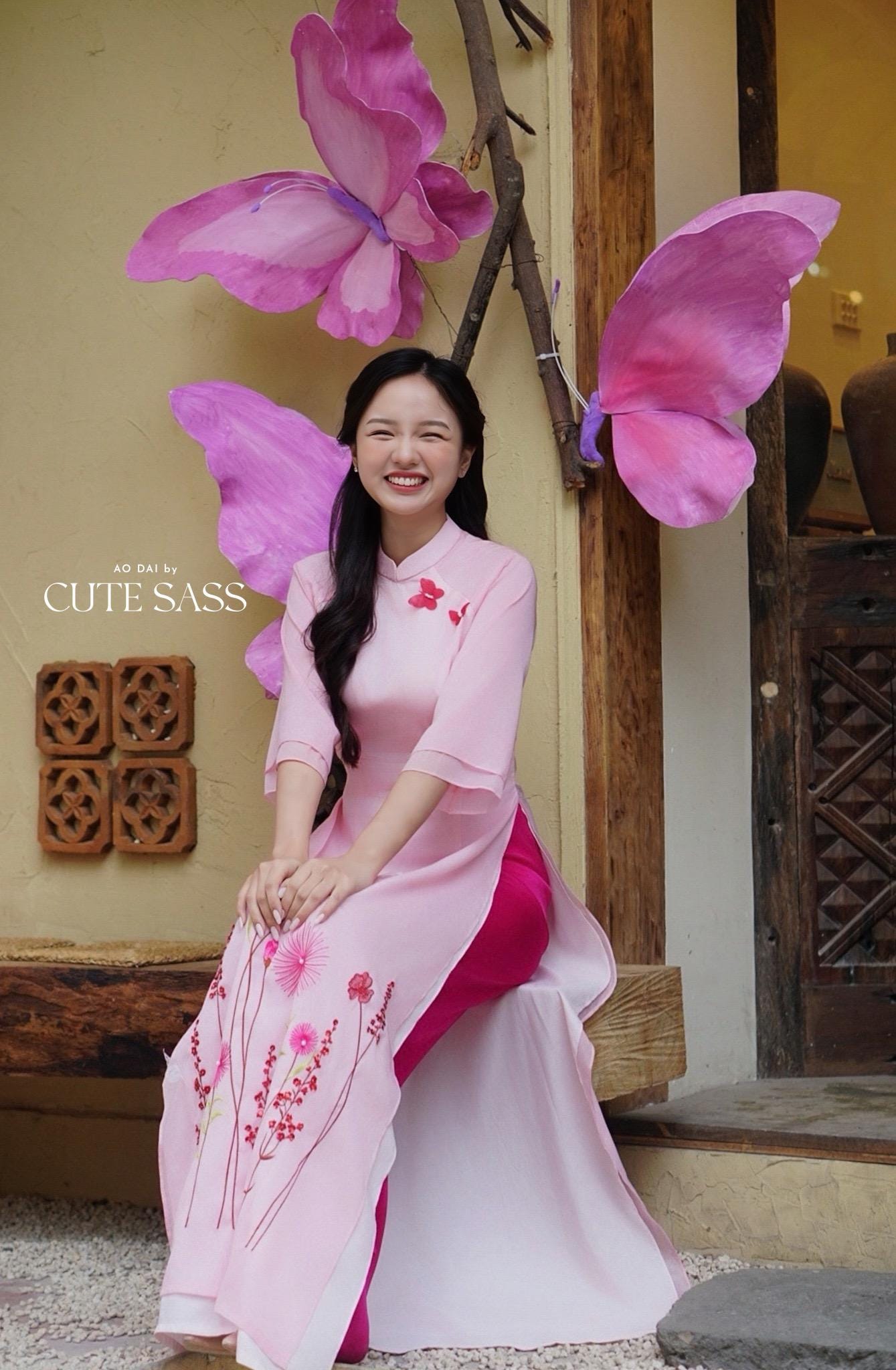 Pink Chiffon 3D Butterflies Ao Dai Set |Pre-made Vietnamese Ao Dai with Pants | Lunar New Year|Ao Dai Cach Tan