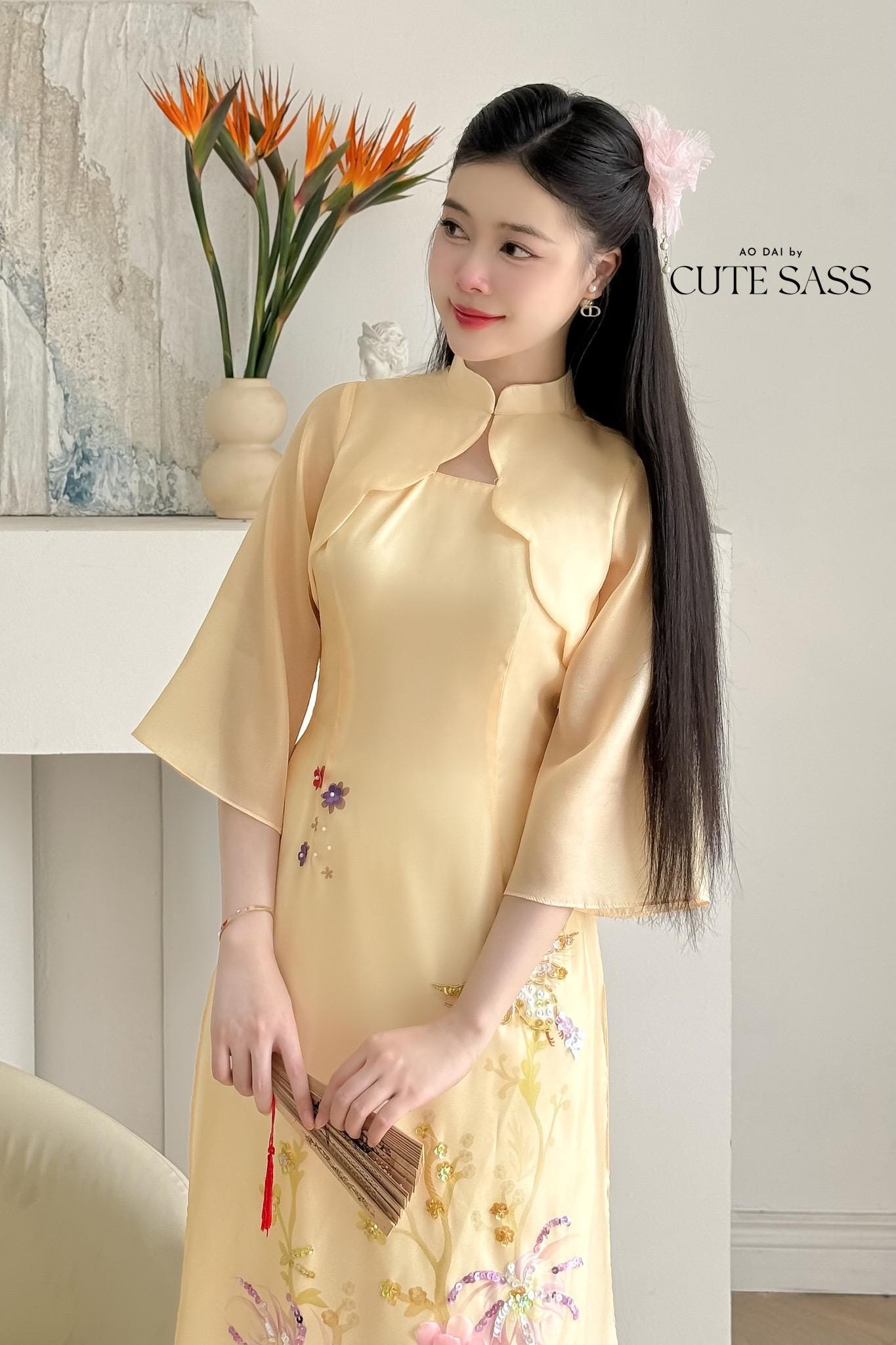 Yellow "Season" Blazer Cape Ao Dai Top Only, NO PANTS 12C| Pre-made Modernized Vietnamese Ao Dai| Lunar New Year| Ao Dai Cach Tan| AoDaibyCuteSass