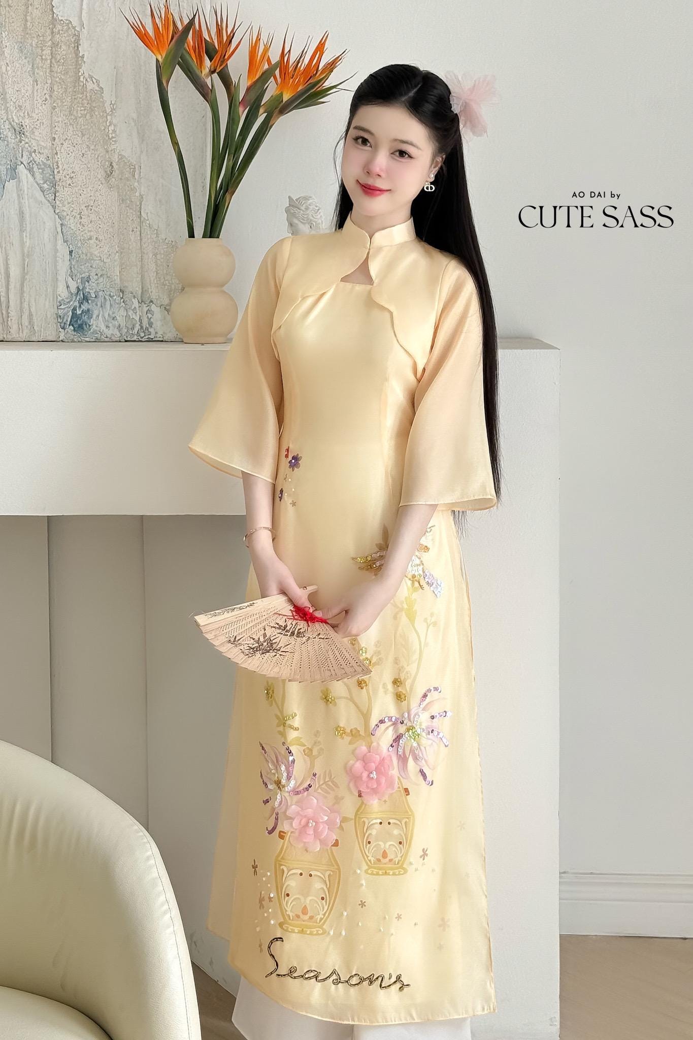 Yellow "Season" Blazer Cape Ao Dai Top Only, NO PANTS 12C| Pre-made Modernized Vietnamese Ao Dai| Lunar New Year| Ao Dai Cach Tan| AoDaibyCuteSass