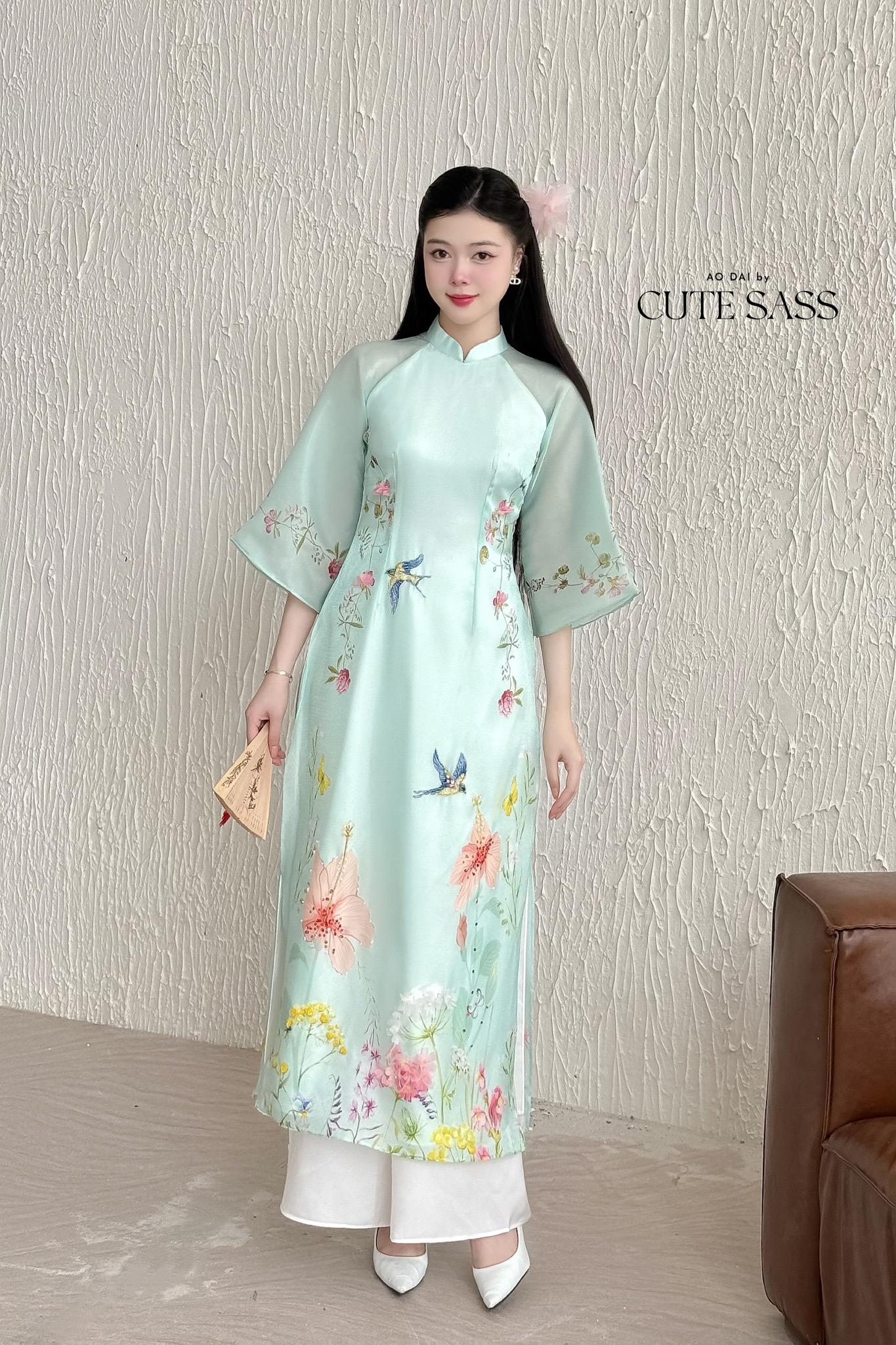 Cyan Spring Garden Hac Ao Dai Top Only, No Pants 12C| Pre-made Modernized Vietnamese Ao Dai with Pants| Lunar New Year| Ao Dai Cach Tan| AoDaibyCuteSass
