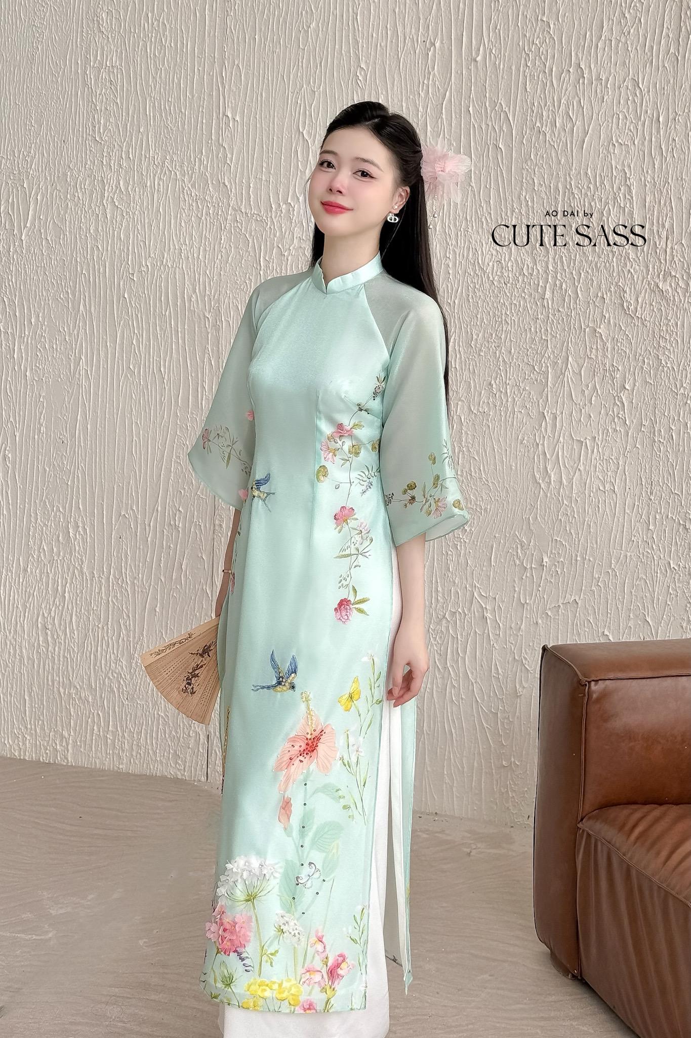 Cyan Spring Garden Hac Ao Dai Top Only, No Pants 12C| Pre-made Modernized Vietnamese Ao Dai with Pants| Lunar New Year| Ao Dai Cach Tan| AoDaibyCuteSass