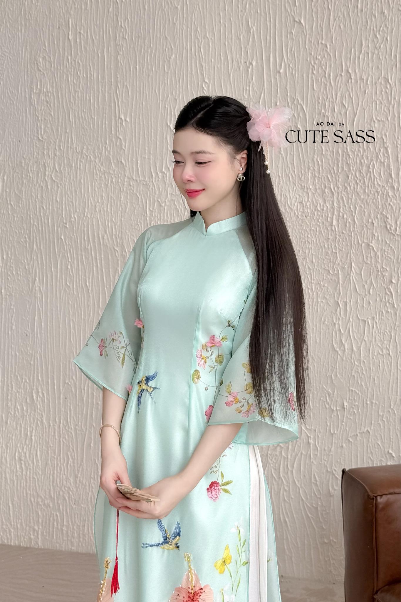 Cyan Spring Garden Hac Ao Dai Top Only, No Pants 12C| Pre-made Modernized Vietnamese Ao Dai with Pants| Lunar New Year| Ao Dai Cach Tan| AoDaibyCuteSass