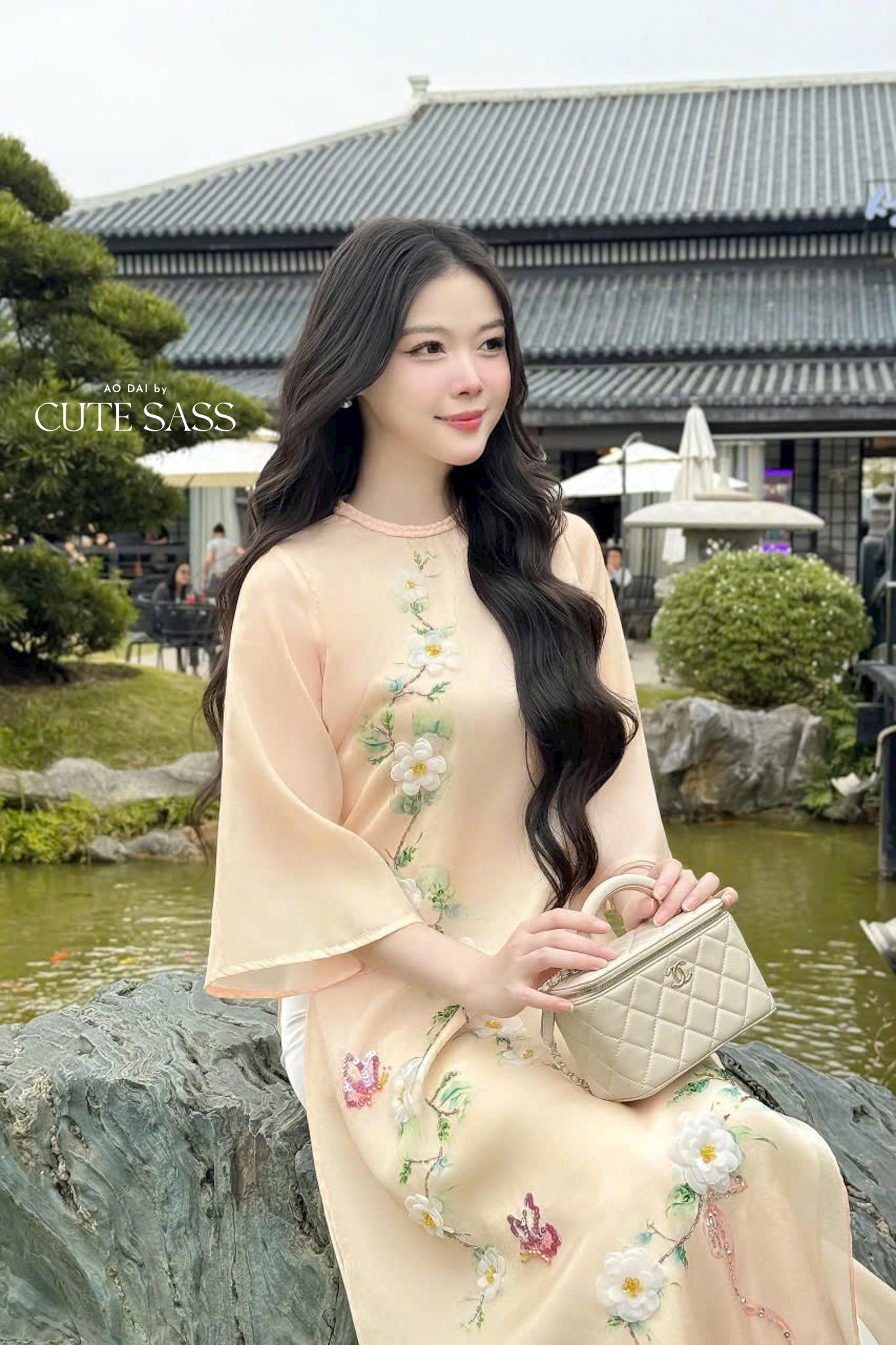 Pastel Yellow 3D Branches Ao Dai Top Only, NO PANTS 30A|Pre-made Modernized Vietnamese Ao Dai| Women Ao Dai with Pants | Lunar New Year|