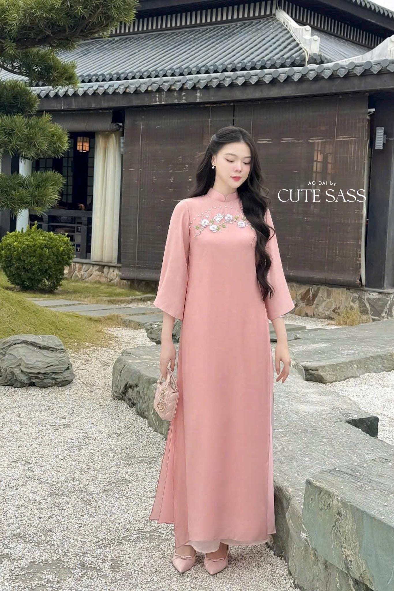 Pink Embroidery 3D Sakura Ao Dai Top Only, NO PANTS 30A|Pre-made Modernized Vietnamese Ao Dai|Pastel Pink Ao Dai|