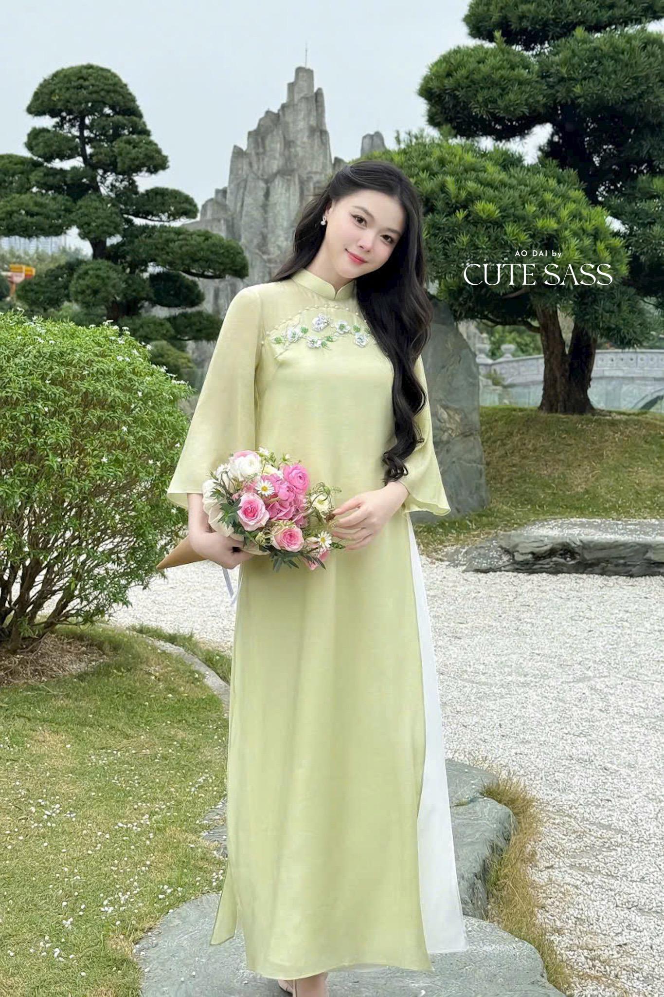 Pastel Green Embroidery 3D Sakura Ao Dai Top Only, NO PANTS 30A|Pre-made Modernized Vietnamese Ao Dai| Pastel Ao Dai| Lunar New Year|