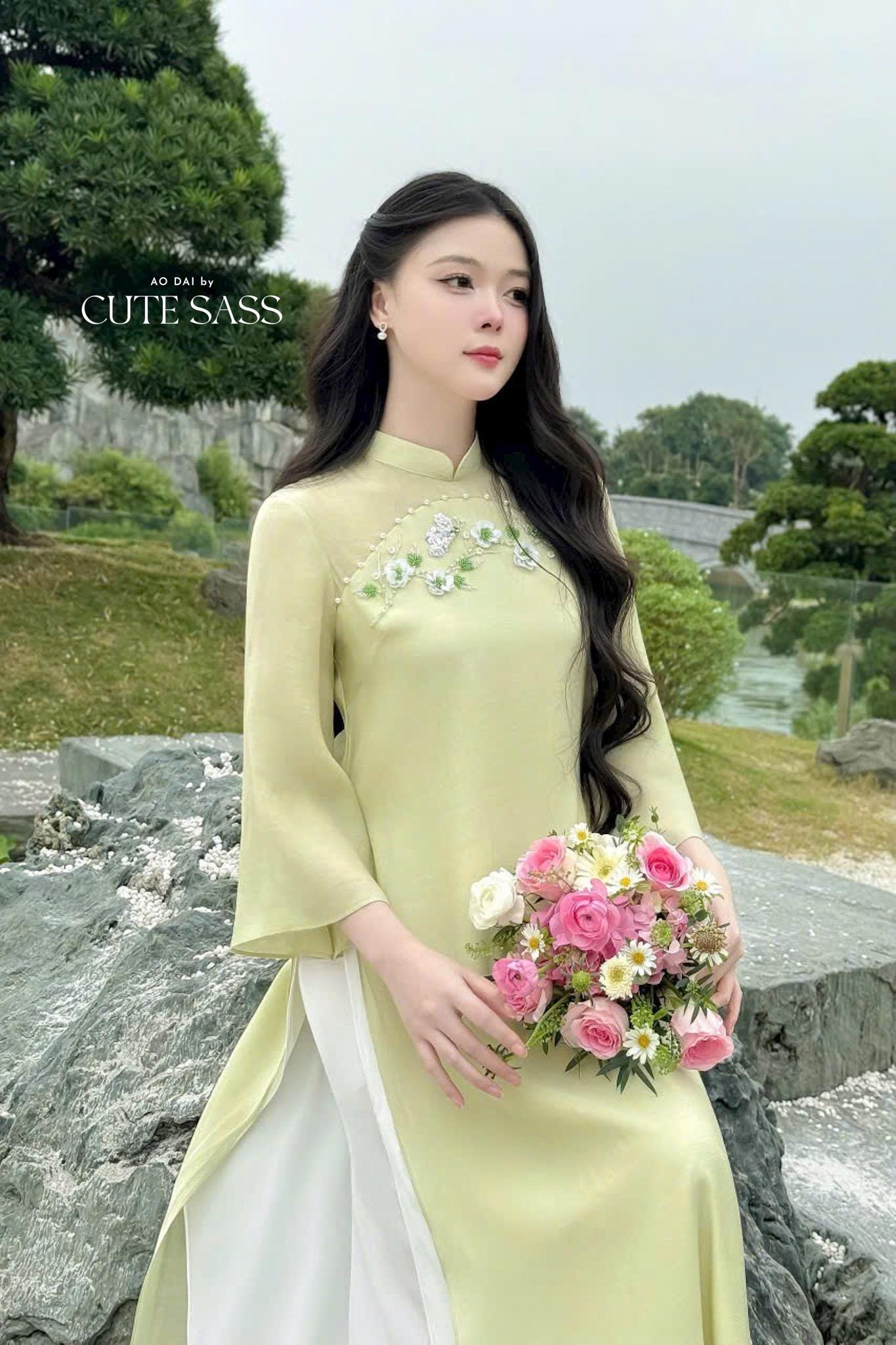 Pastel Green Embroidery 3D Sakura Ao Dai Top Only, NO PANTS 30A|Pre-made Modernized Vietnamese Ao Dai| Pastel Ao Dai| Lunar New Year|