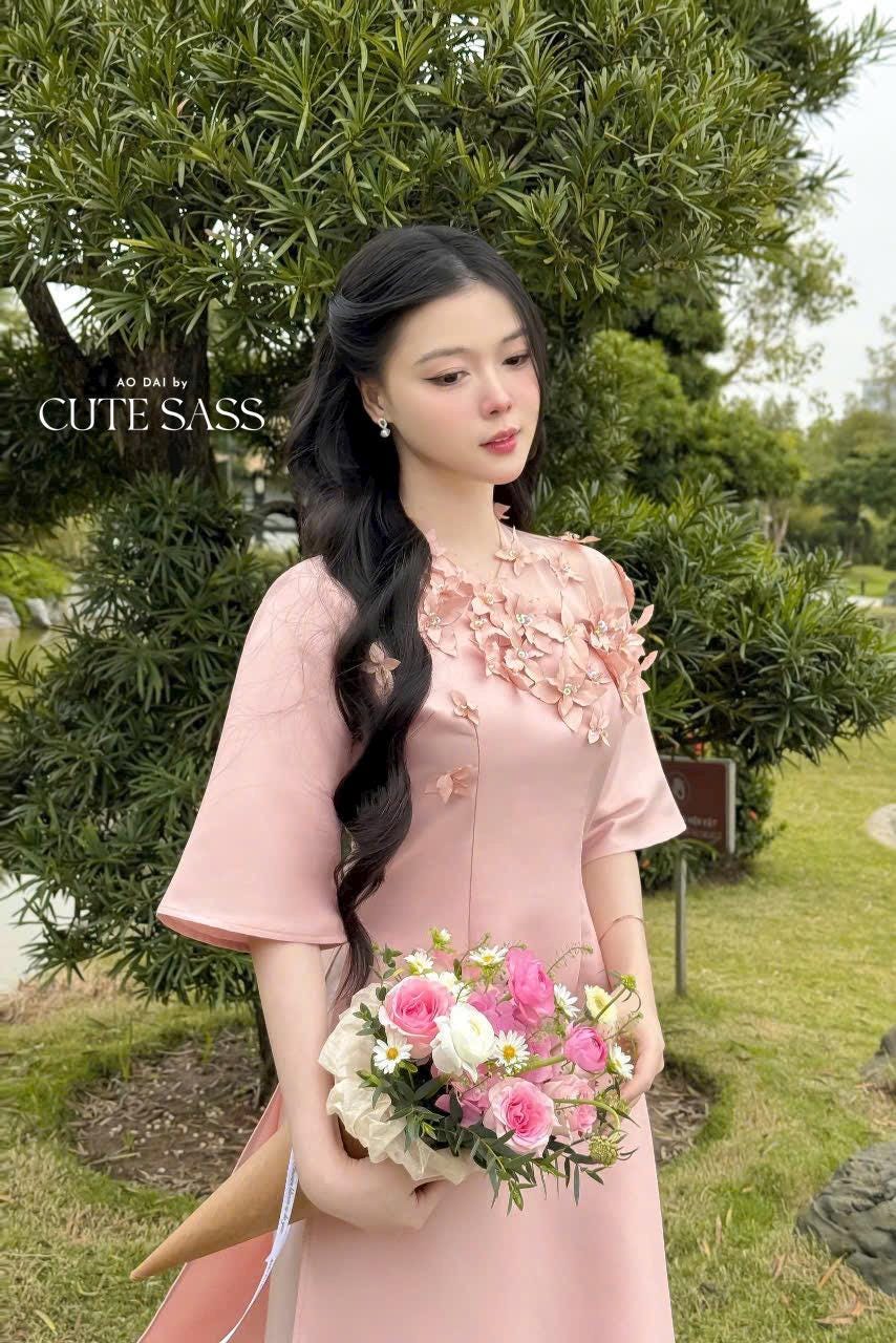 Pink 3D Flowers with Mesh Neckline Ao Dai Top Only, No Pant 30C|Pre-made Modernized Vietnamese Ao Dai| Pastel Ao Dai| Lunar New Year| AoDaibyCuteSass