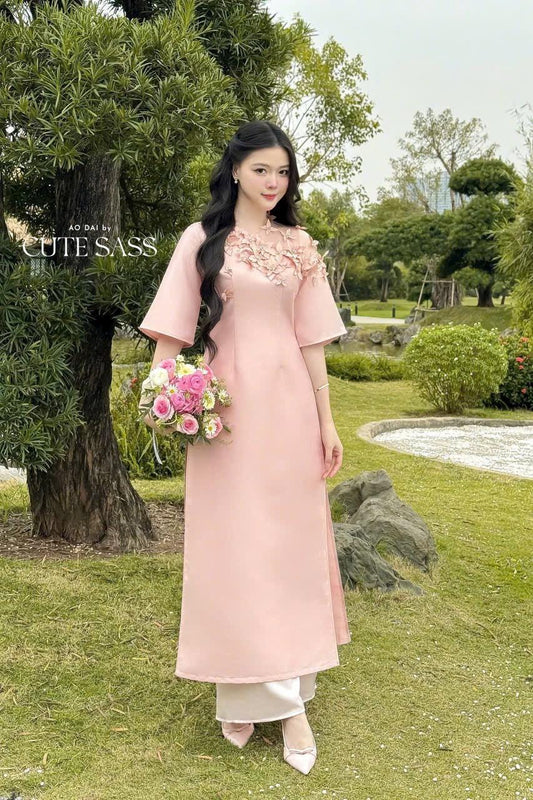 Pink 3D Flowers with Mesh Neckline Ao Dai Top Only, No Pant 30C|Pre-made Modernized Vietnamese Ao Dai| Pastel Ao Dai| Lunar New Year| AoDaibyCuteSass
