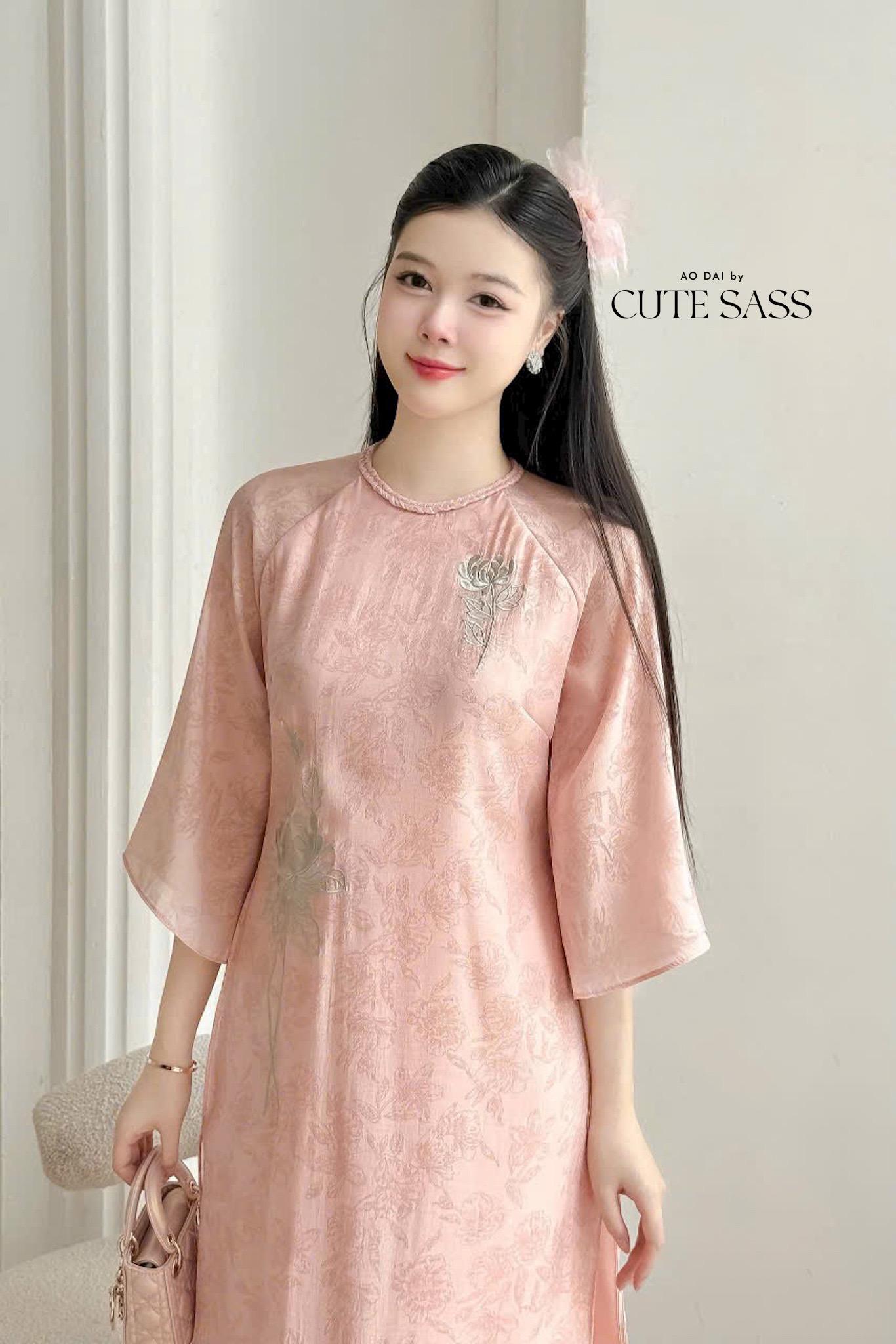Pink Embroidery Lotus Braided Neckline Ao Dai Set 12C|Pre-made Modernized Vietnamese Ao Dai|Pastel Pink Ao Dai| AoDaibyCuteSass