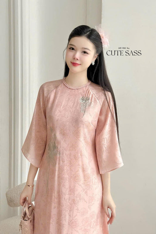 Pink Embroidery Lotus Braided Neckline Ao Dai Set 12C|Pre-made Modernized Vietnamese Ao Dai|Pastel Pink Ao Dai| AoDaibyCuteSass