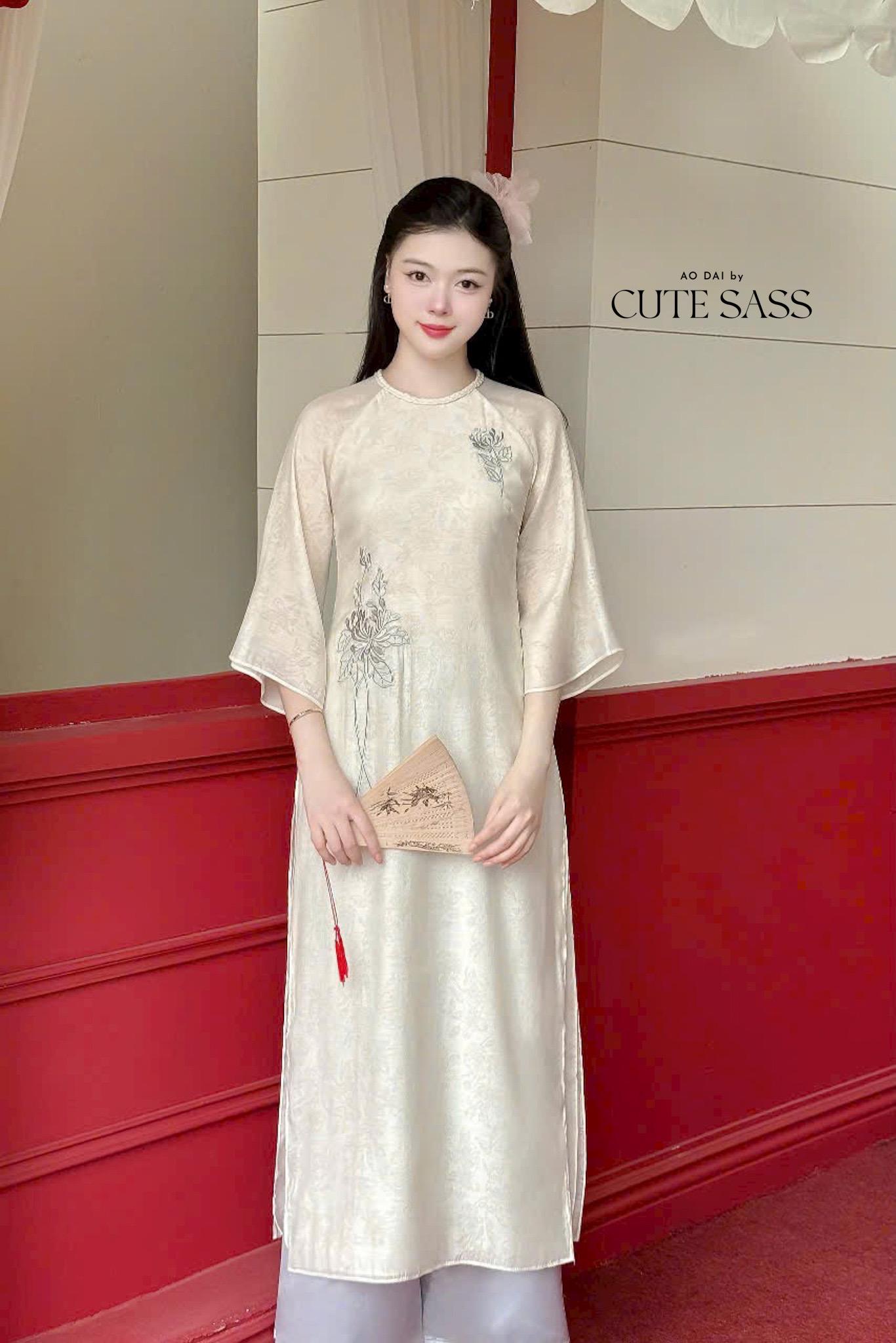 Cream Embroidery Lotus Braided Neckline Ao Dai Top Only, No Pants 12C|Pre-made Modernized Vietnamese Ao Dai|Pastel Pink Ao Dai| AoDaibyCuteSass