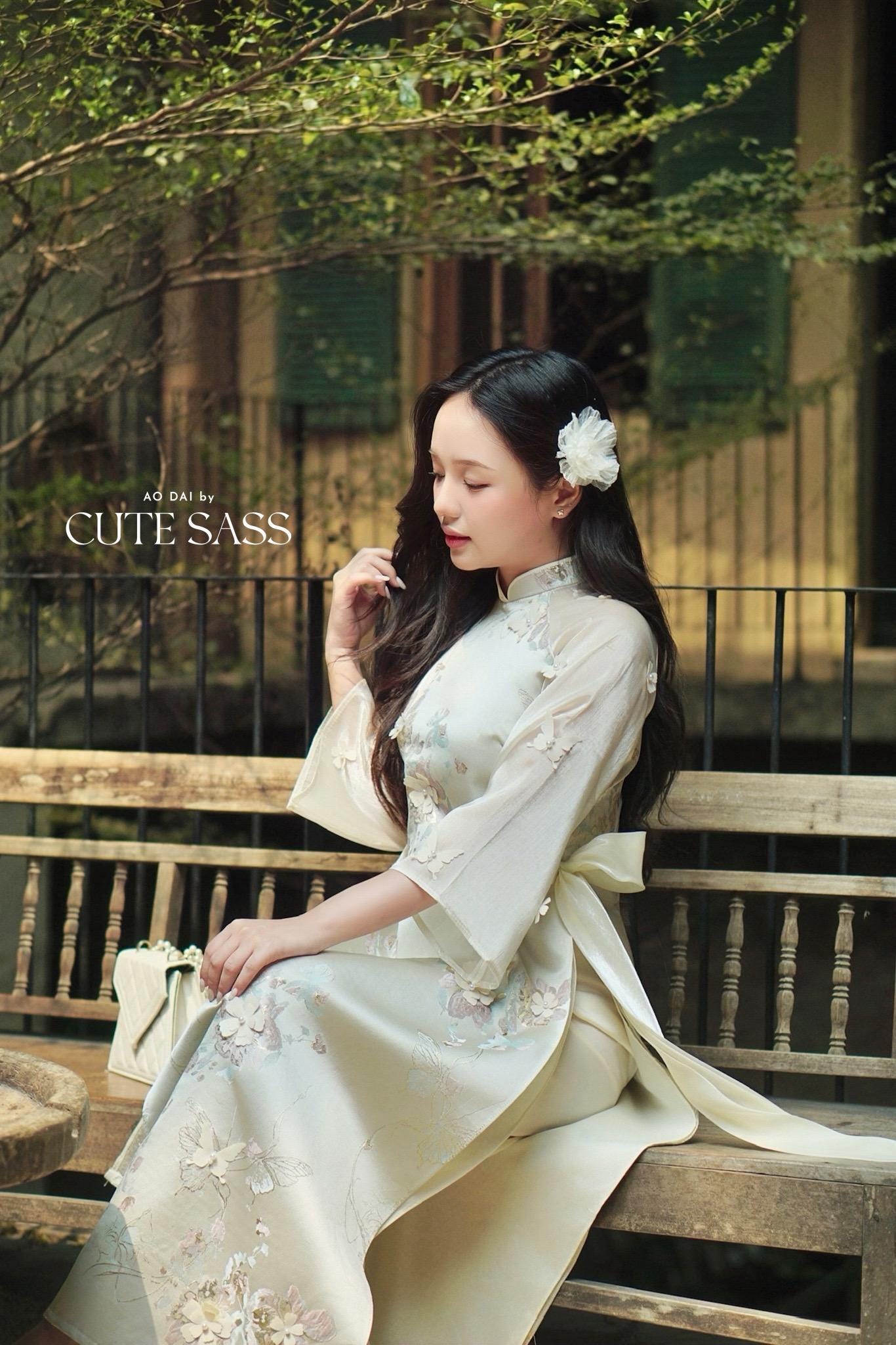 Yen - Cream and Gold 3D Flowers Bow Shifted Ao Dai Set 22C|Pre-made Modernized Vietnamese Ao Dai | Lunar New Year| AoDaibyCuteSass