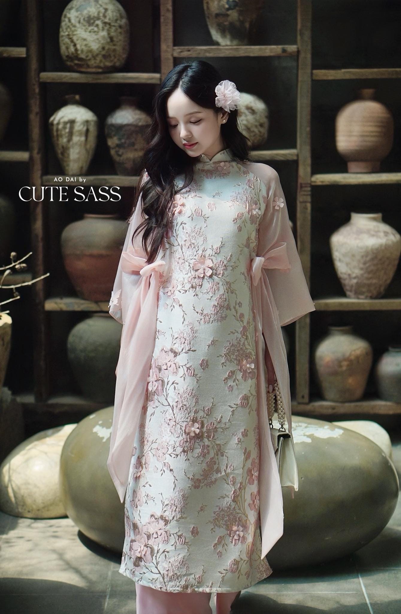 Yen - Pink and Gold 3D Flowers Bow Shifted Ao Dai Set 3D|Pre-made Modernized Vietnamese Ao Dai | Lunar New Year| AoDaibyCuteSass