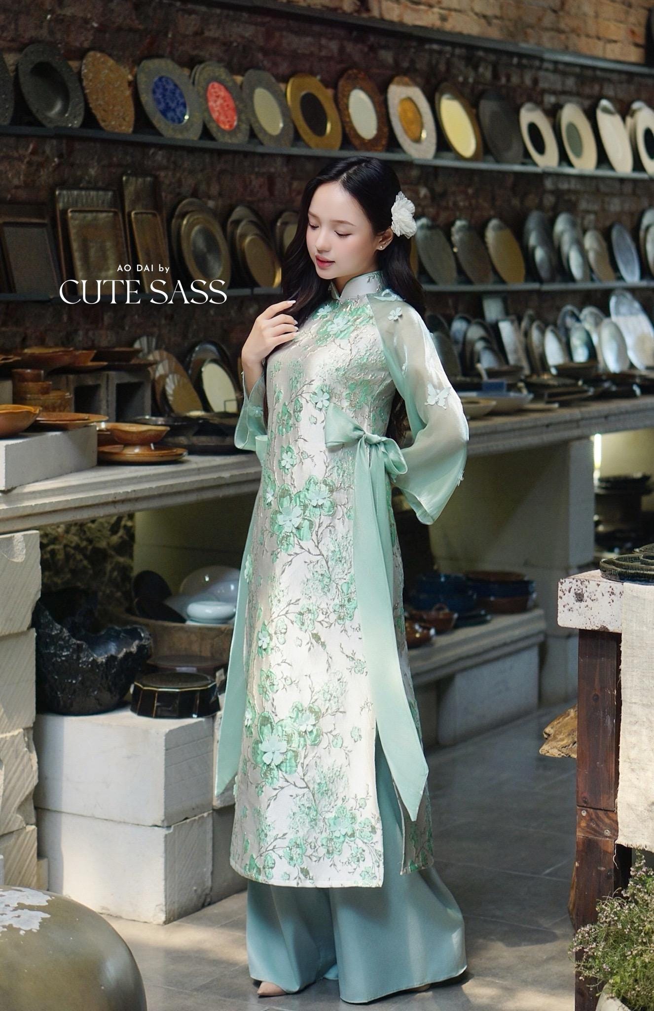 Yen - Cyan and Gold 3D Flowers Bow Shifted Ao Dai Set 3D|Pre-made Modernized Vietnamese Ao Dai | Lunar New Year| AoDaibyCuteSass