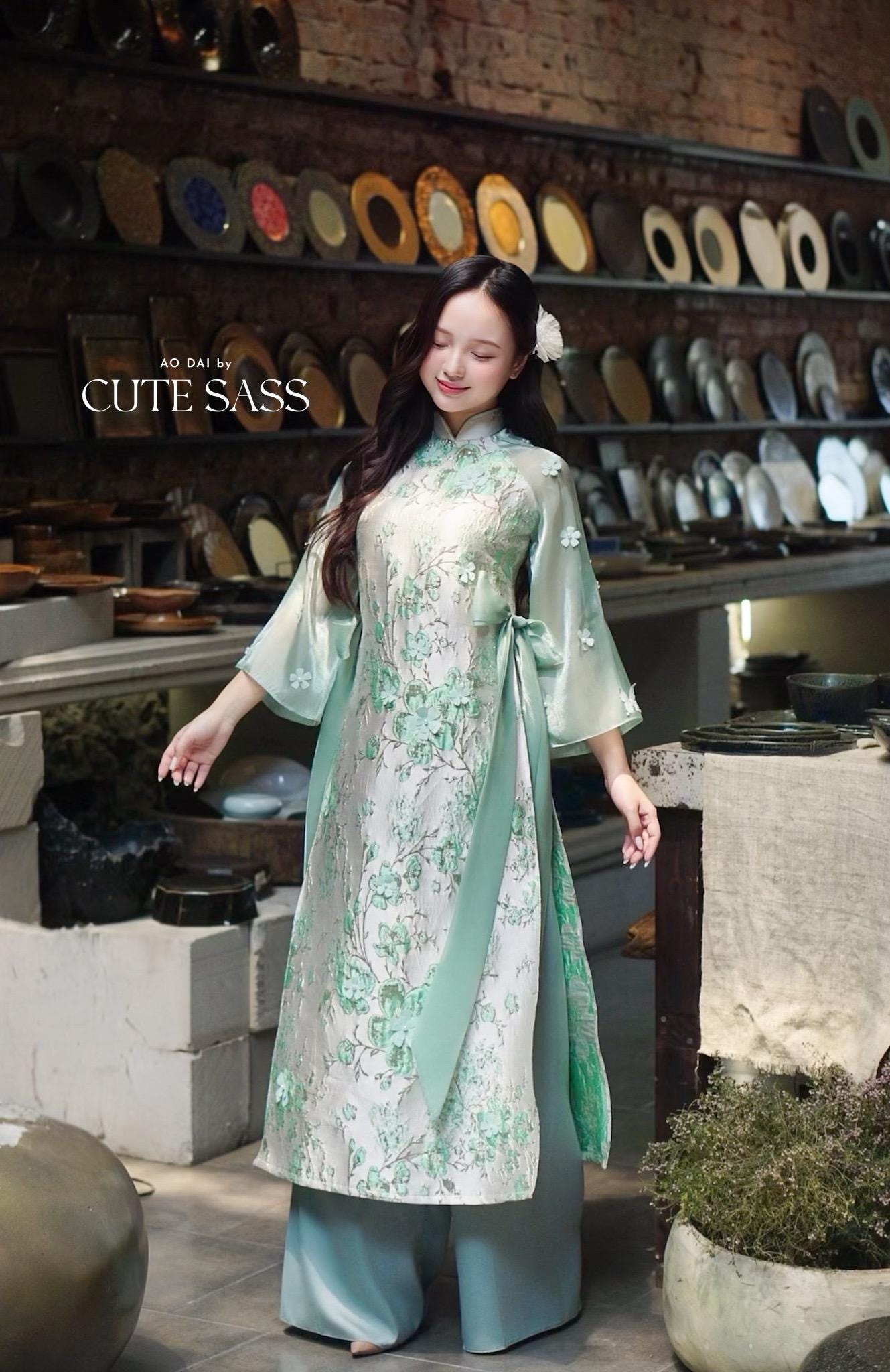 Yen - Cyan and Gold 3D Flowers Bow Shifted Ao Dai Set 3D|Pre-made Modernized Vietnamese Ao Dai | Lunar New Year| AoDaibyCuteSass