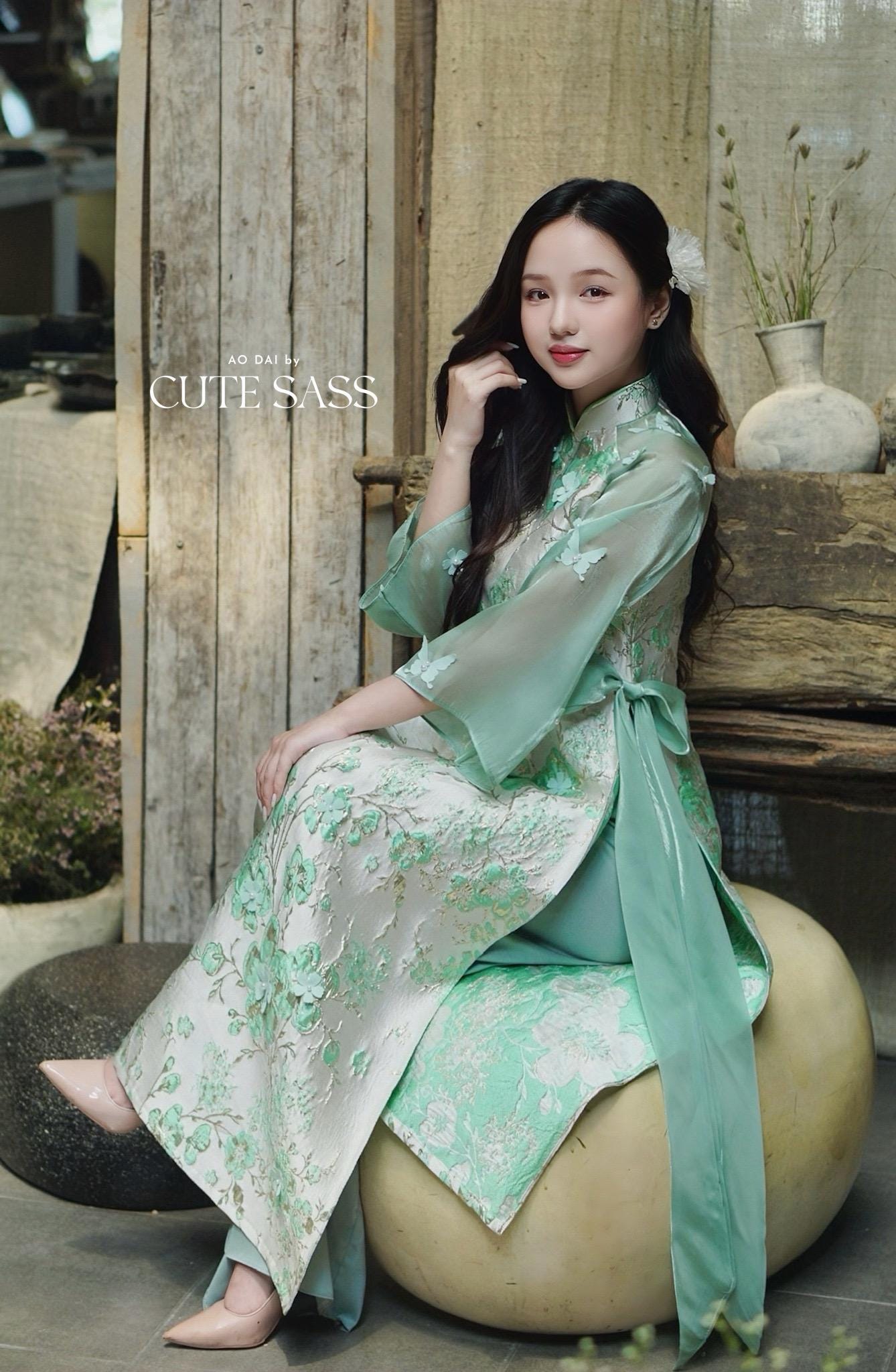 Yen - Cyan and Gold 3D Flowers Bow Shifted Ao Dai Set 3D|Pre-made Modernized Vietnamese Ao Dai | Lunar New Year| AoDaibyCuteSass