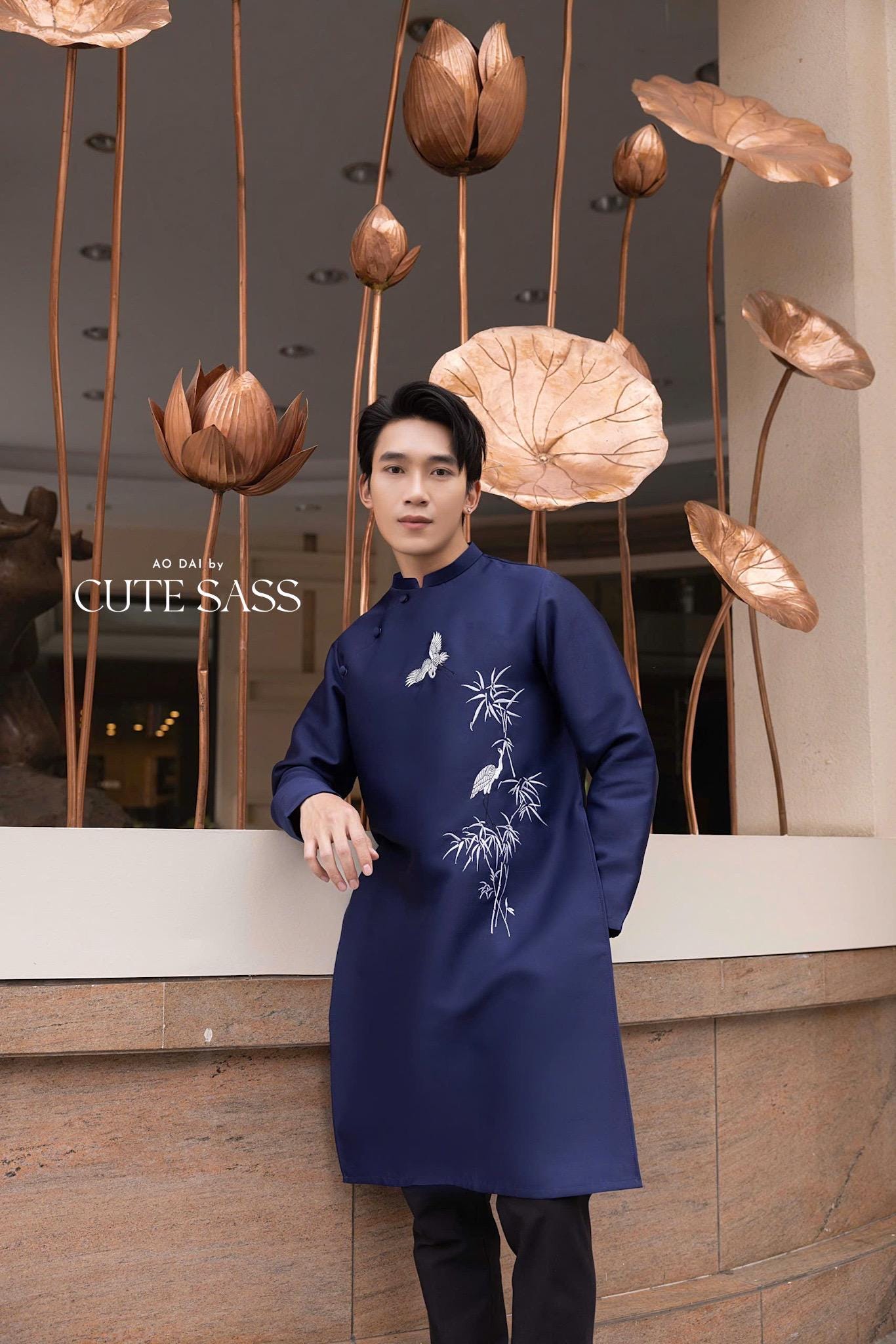 Men Dark Blue Birds Ao Dai Top| Pre-made Traditional Viet Ao Dai|Lunar New Year |Ao Dai for Dad | Ao Dai Truyen Thong| Ao Dai Tet| AoDaibyCuteSass
