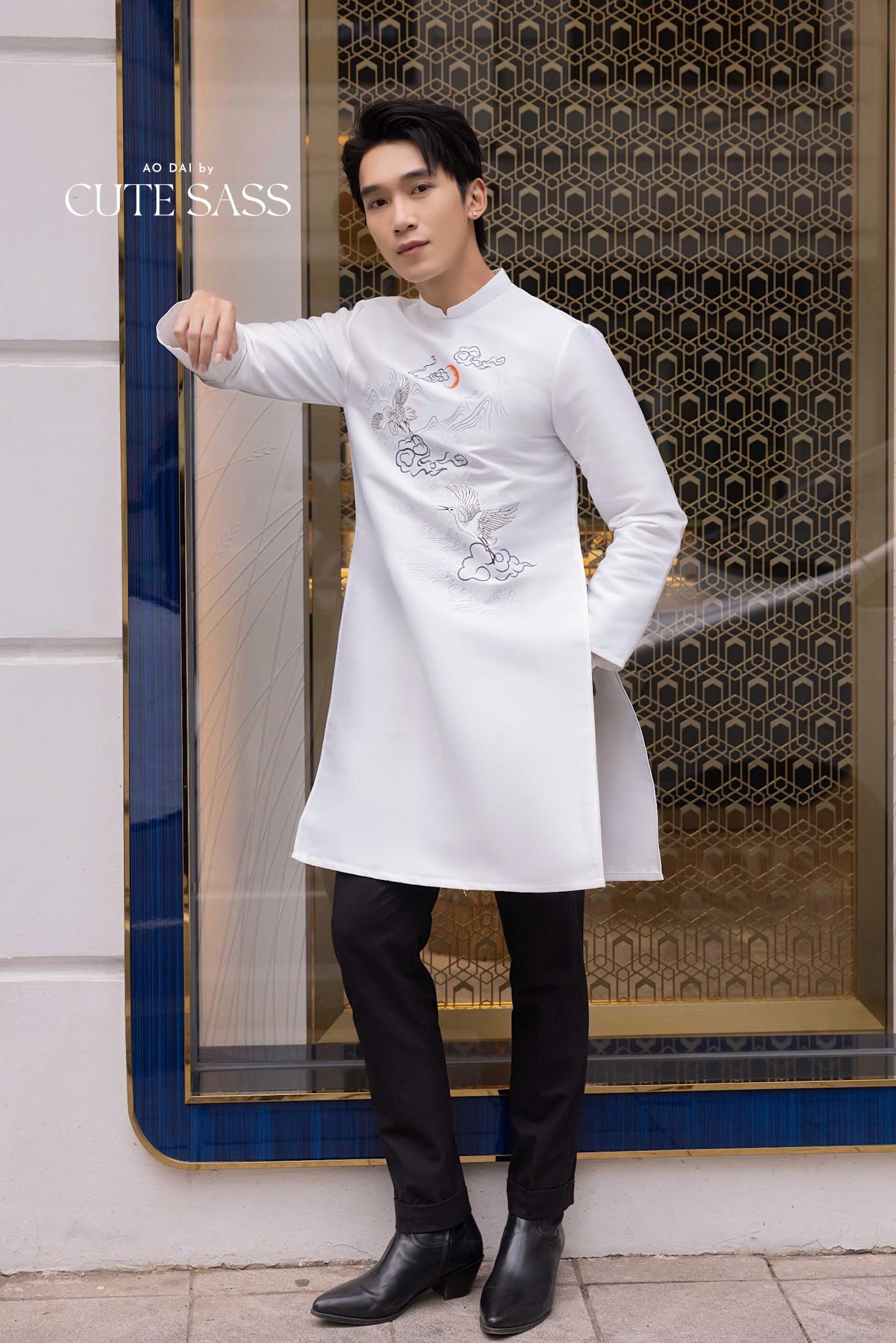 Men White Birds Ao Dai Top| Pre-made Traditional Viet Ao Dai|Lunar New Year |Ao Dai for Dad | Ao Dai Truyen Thong| Ao Dai Tet| AoDaibyCuteSass