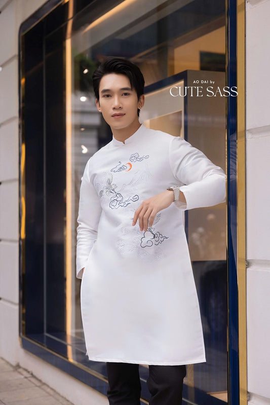 Men White Birds Ao Dai Top| Pre-made Traditional Viet Ao Dai|Lunar New Year |Ao Dai for Dad | Ao Dai Truyen Thong| Ao Dai Tet| AoDaibyCuteSass