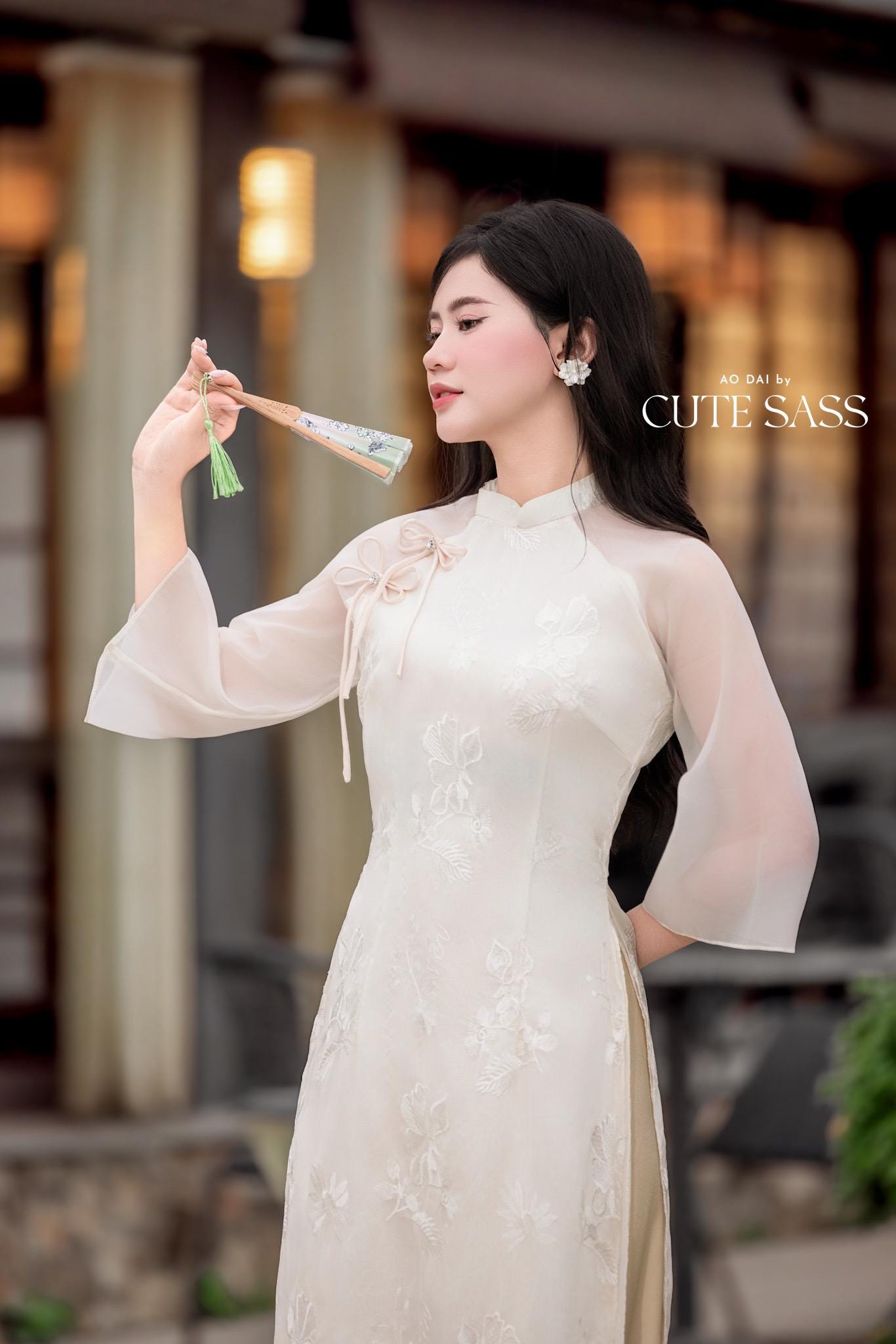 Cream Chiffon Embroidery Bow Ao Dai Set 6D |Pre-made Vietnamese Women Ao Dai with Pants | Lunar New Year|Ao Dai Cach Tan AoDaibyCuteSass
