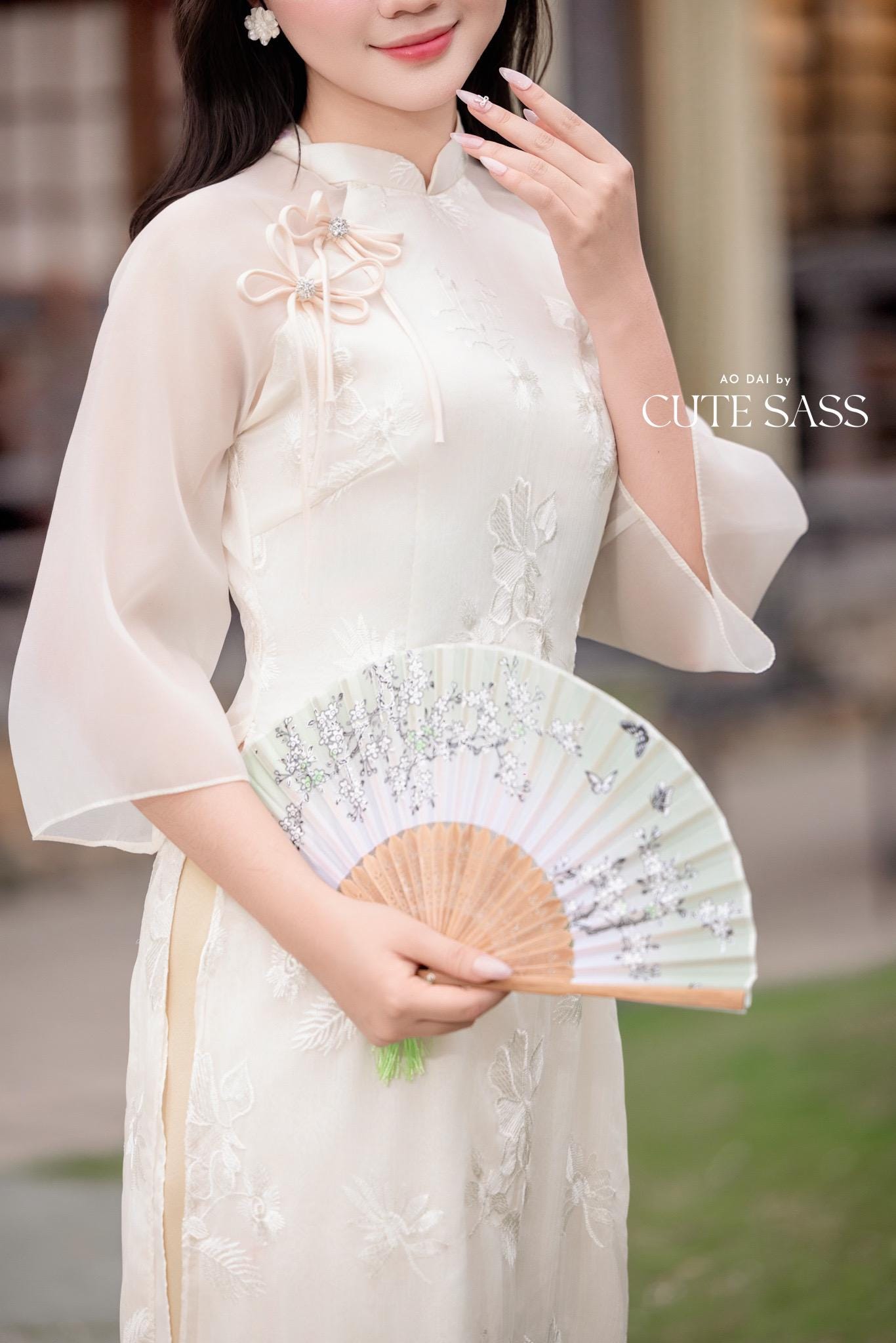 Cream Chiffon Embroidery Bow Ao Dai Set 6D |Pre-made Vietnamese Women Ao Dai with Pants | Lunar New Year|Ao Dai Cach Tan AoDaibyCuteSass