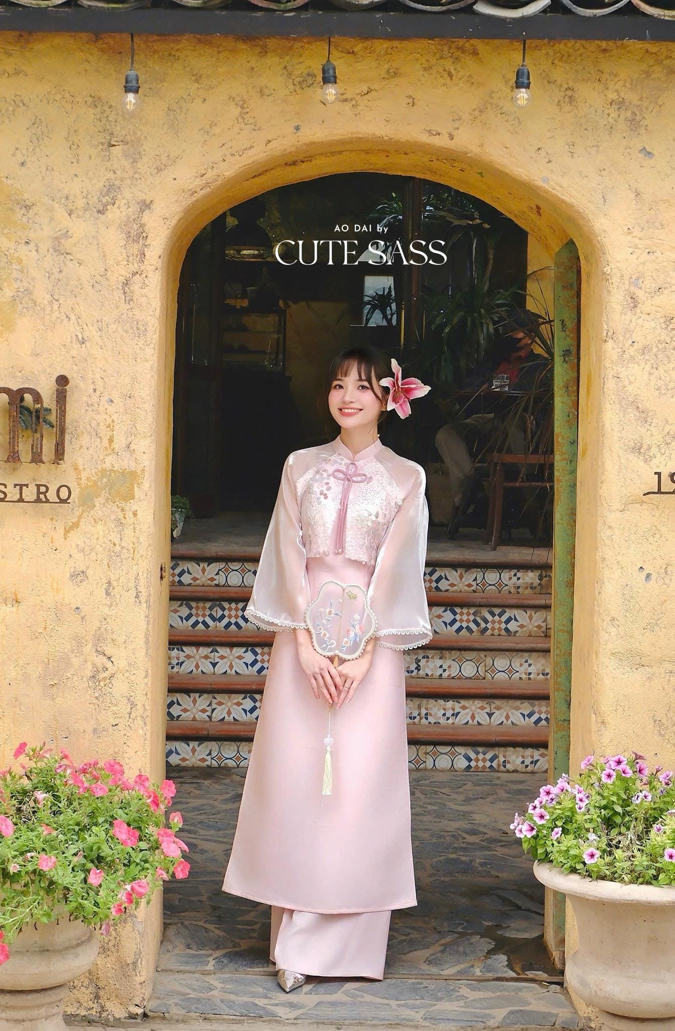 Pink Sparkle Cape Ao Dai Set 6D |Pre-made Vietnamese Women Ao Dai with Pants | Lunar New Year|Ao Dai Cach Tan AoDaibyCuteSass