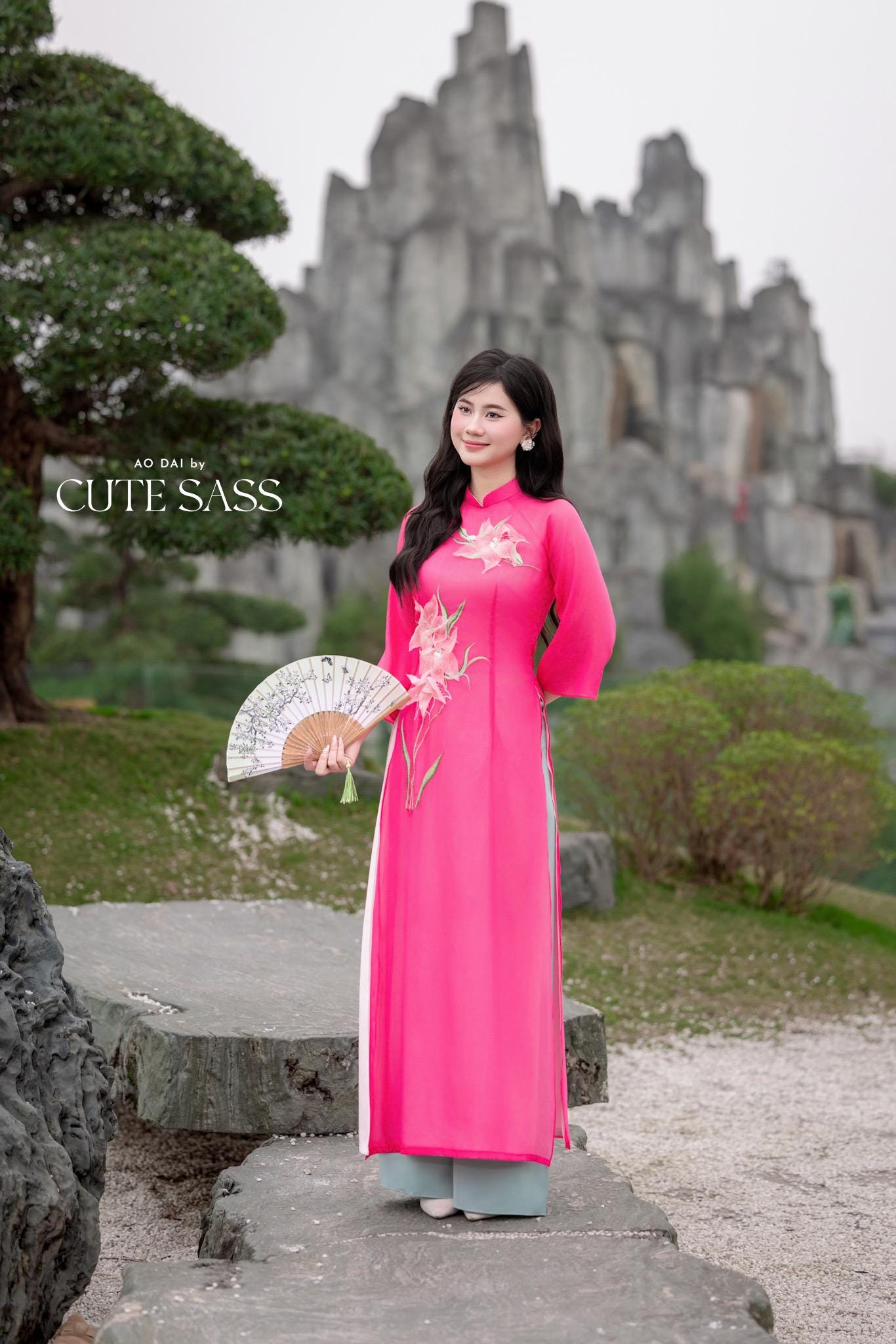 Hot Pink 3D Orchids Dai Set 6D| Pre-made Traditional Vietnamese Ao Dai | Women Ao Dai with Pants | Lunar New Year| AoDaibyCuteSass