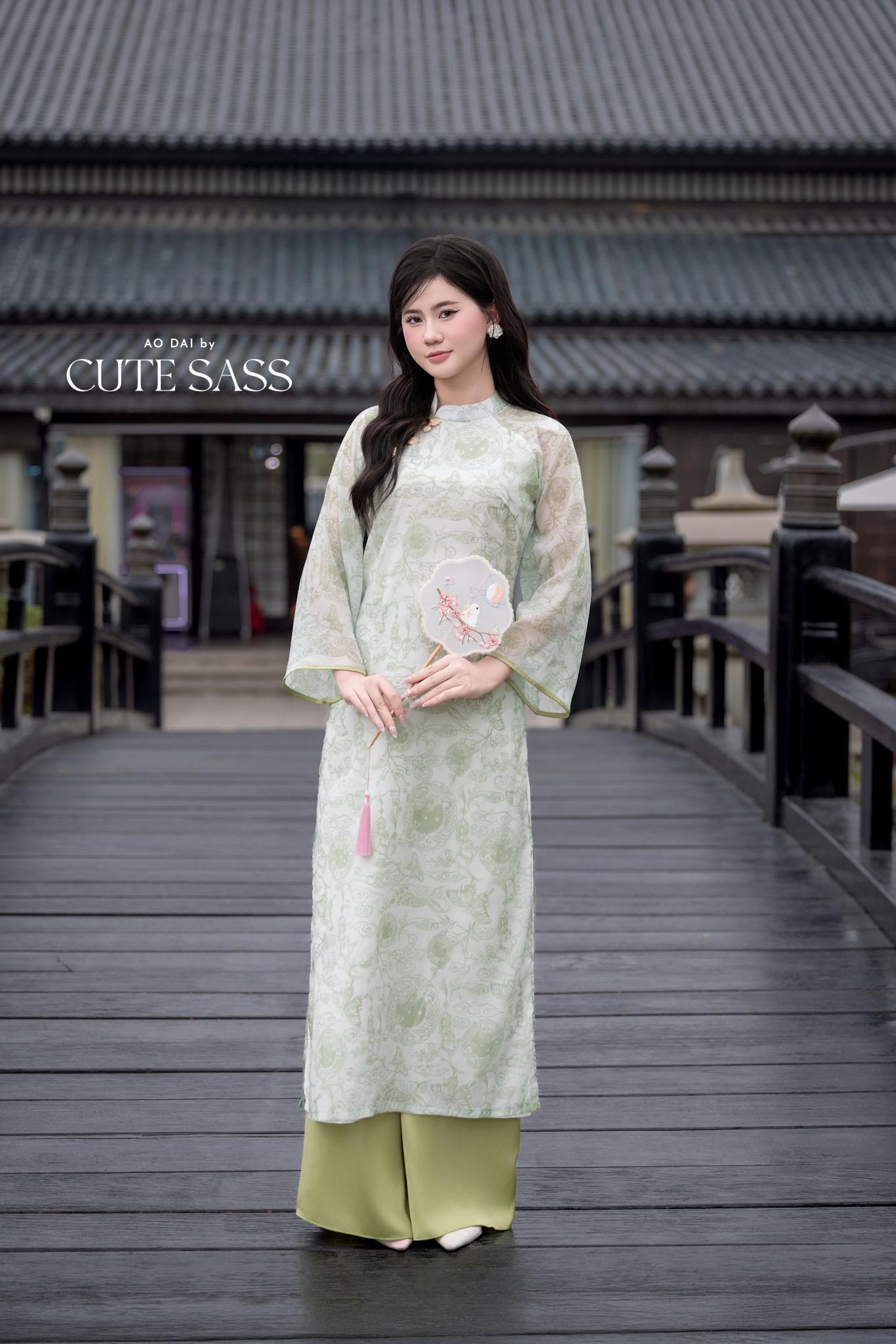 Light Green Printed Koi with Butterflies Pin Ao Dai Set 6D| Pre-made Traditional Vietnamese Ao Dai | Women Ao Dai with Pants|Lunar New Year| AoDaibyCuteSass