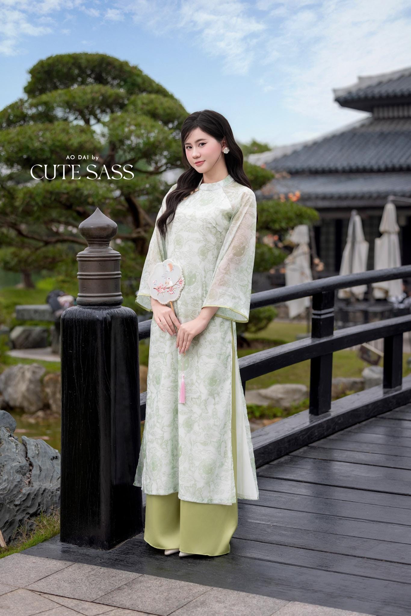 Light Green Printed Koi with Butterflies Pin Ao Dai Set 6D| Pre-made Traditional Vietnamese Ao Dai | Women Ao Dai with Pants|Lunar New Year| AoDaibyCuteSass