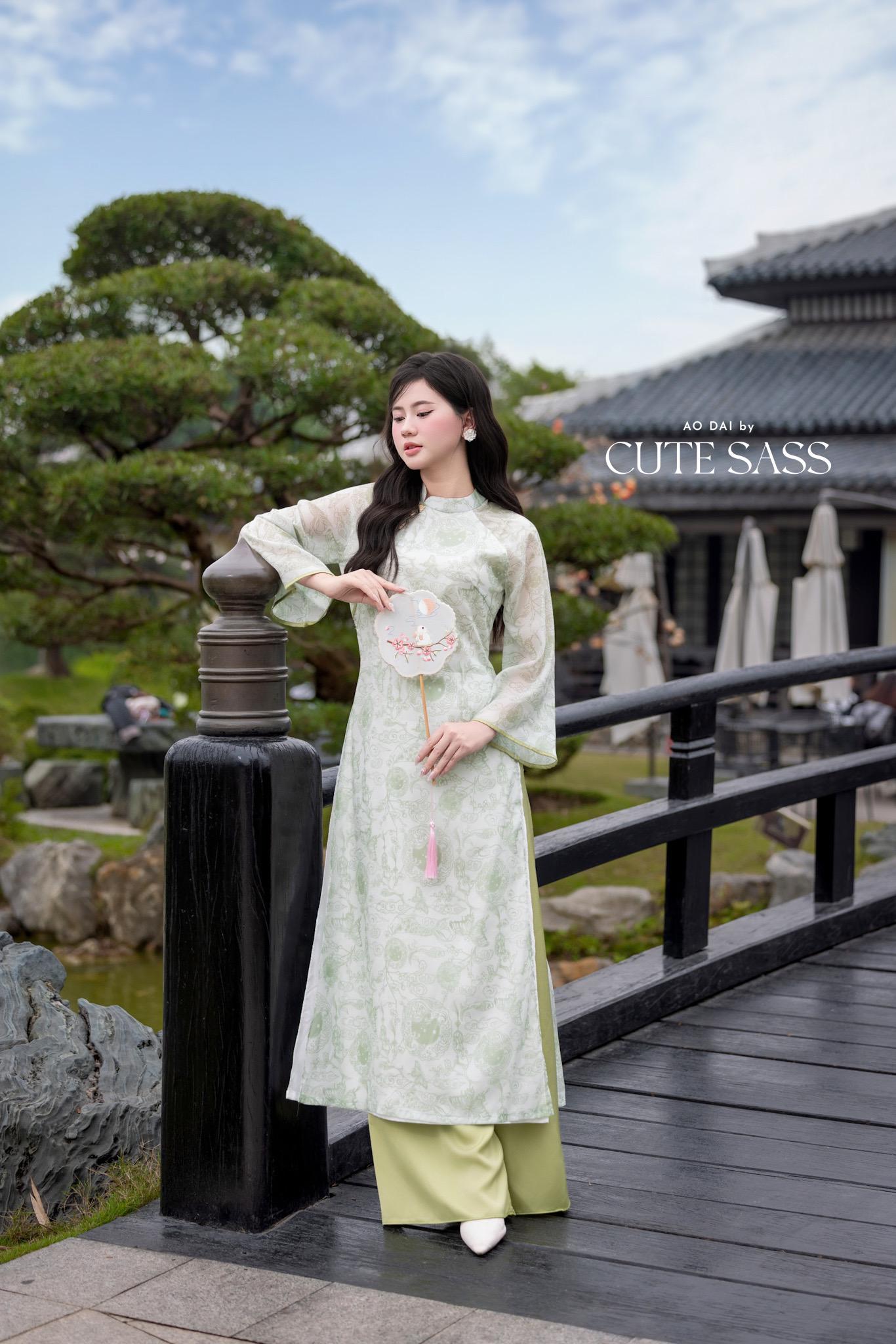 Light Green Printed Koi with Butterflies Pin Ao Dai Set 6D| Pre-made Traditional Vietnamese Ao Dai | Women Ao Dai with Pants|Lunar New Year| AoDaibyCuteSass