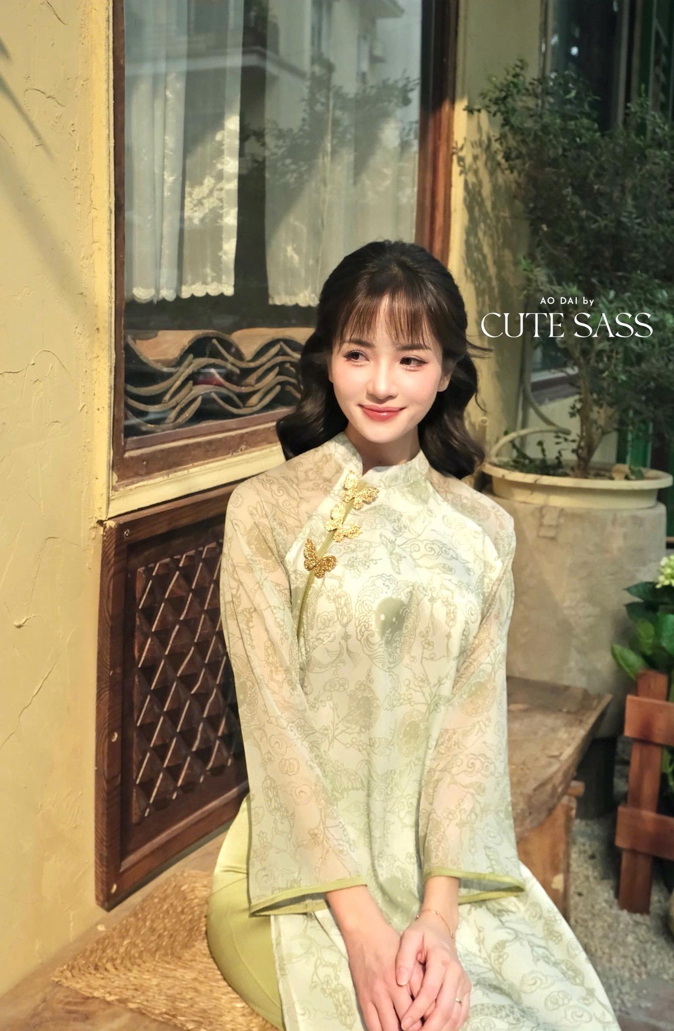 Light Green Printed Koi with Butterflies Pin Ao Dai Set 6D| Pre-made Traditional Vietnamese Ao Dai | Women Ao Dai with Pants|Lunar New Year| AoDaibyCuteSass