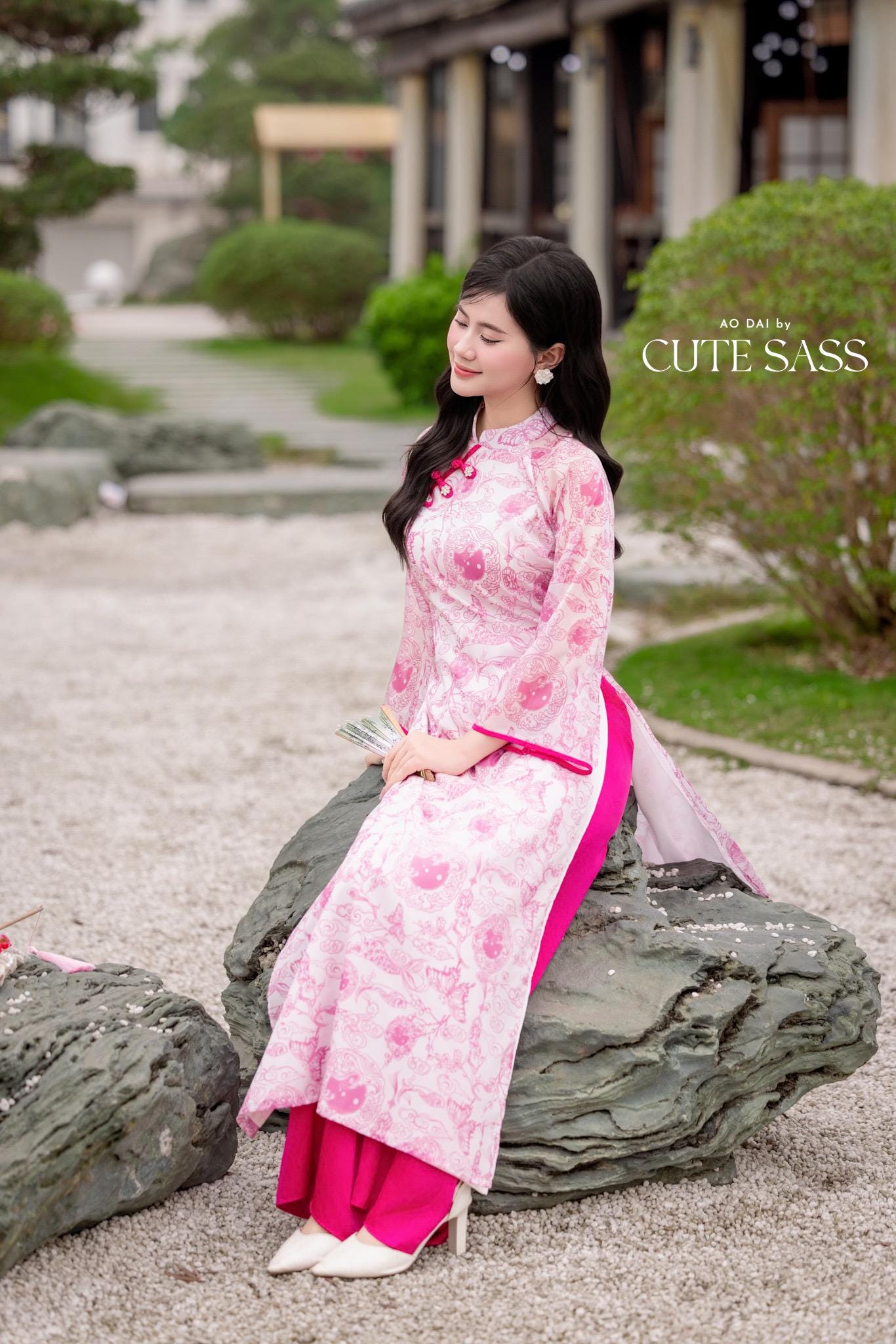 Pink Printed Koi Bows Ao Dai Set 6D| Pre-made Traditional Vietnamese Ao Dai | Women Ao Dai with Pants|Lunar New Year| AoDaibyCuteSass