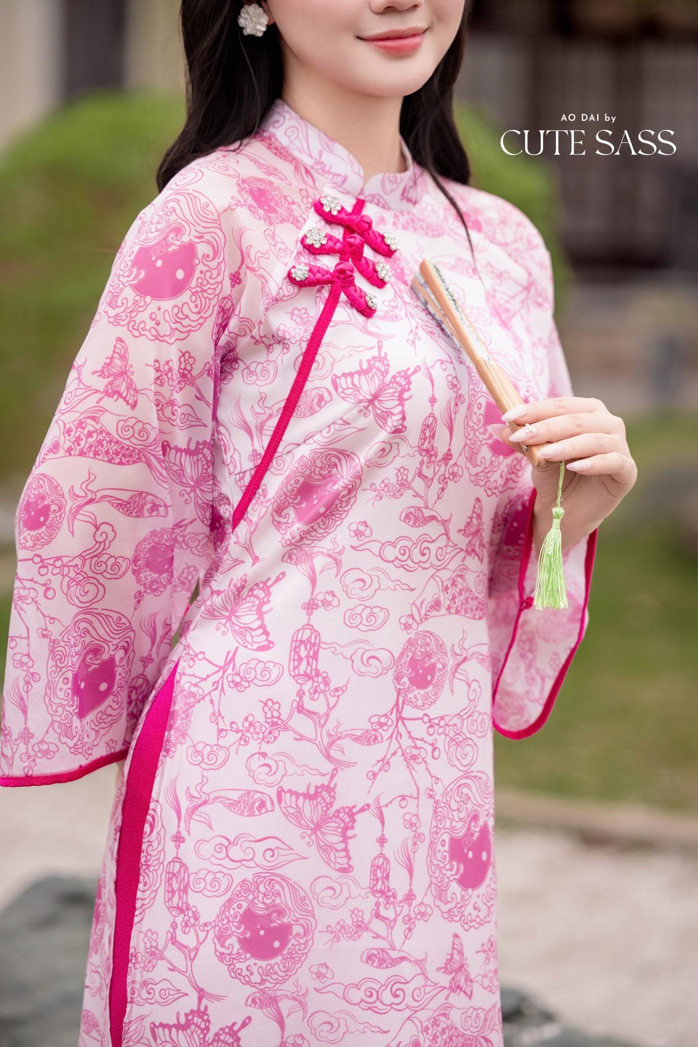 Pink Printed Koi Bows Ao Dai Set 6D| Pre-made Traditional Vietnamese Ao Dai | Women Ao Dai with Pants|Lunar New Year| AoDaibyCuteSass