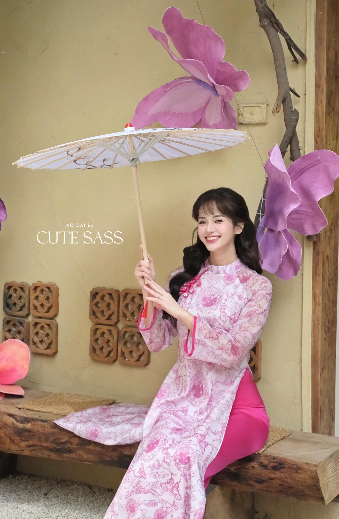 Pink Printed Koi Bows Ao Dai Set 6D| Pre-made Traditional Vietnamese Ao Dai | Women Ao Dai with Pants|Lunar New Year| AoDaibyCuteSass