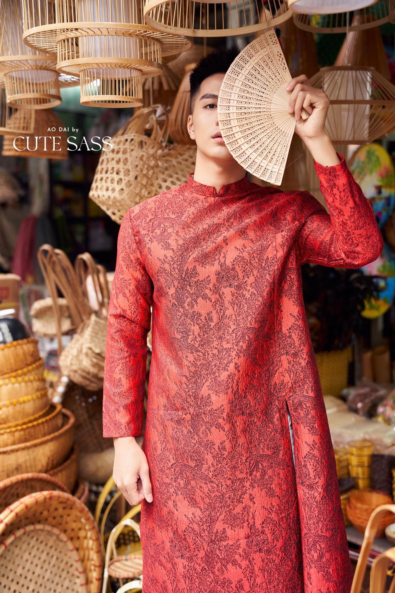 Men Red/Black Slit Ao Dai Top 42B | Pre-made Traditional Vietnamese Ao Dai| Lunar New Year | Ao Dai for Dad, Boy |Ao Dai Tet| AoDaibyCuteSass