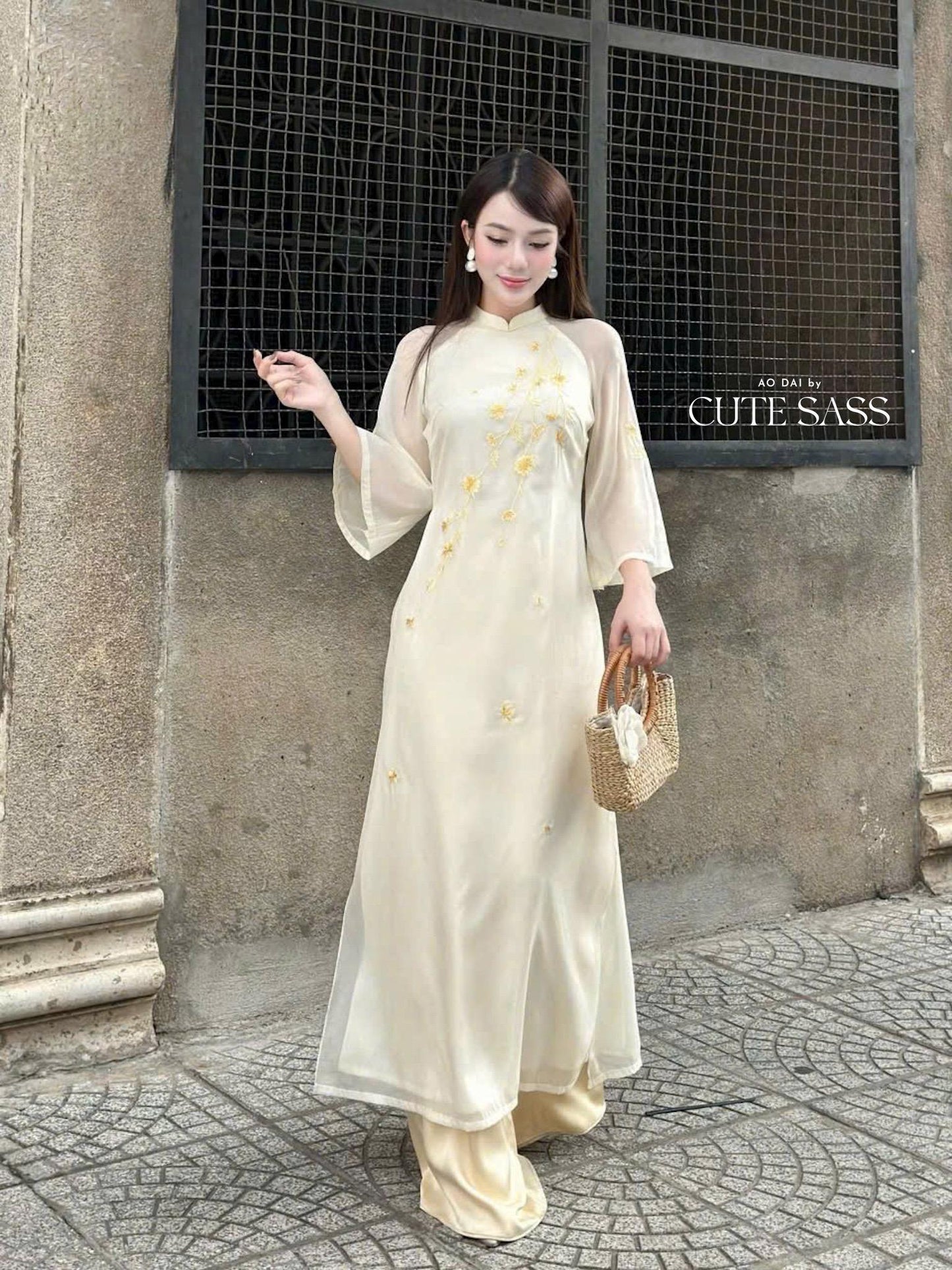 Cream Chiffon with Gold Mai Embroidery Mai Ao Dai Set 35B|Pre-made Vietnamese Ao Dai with Pants | Lunar New Year|Ao Dai Cach Tan