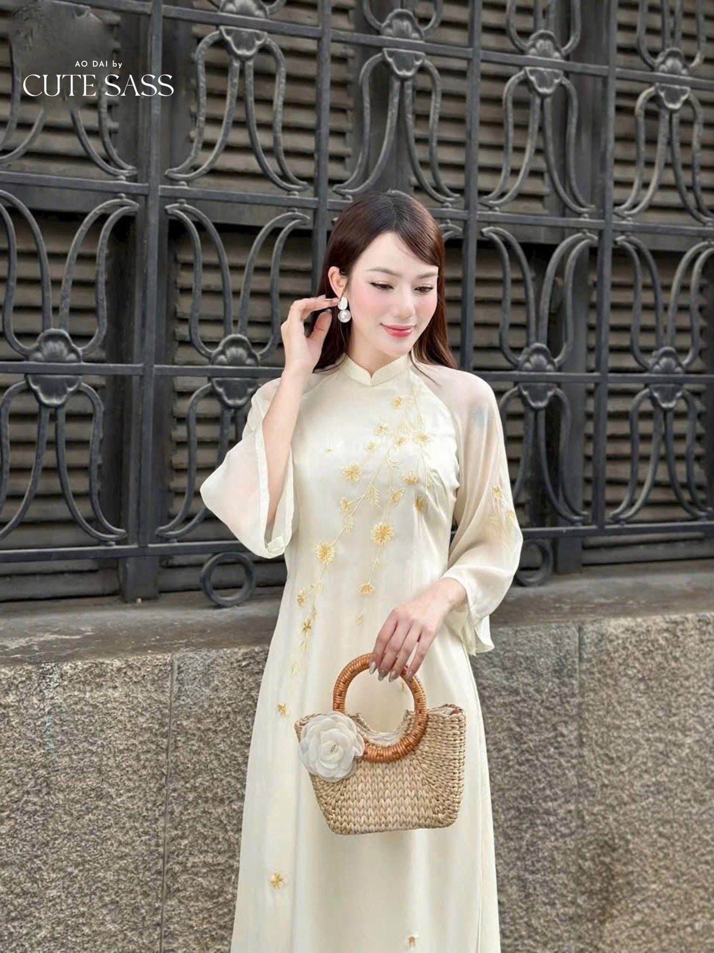 Cream Chiffon with Gold Mai Embroidery Mai Ao Dai Set 35B|Pre-made Vietnamese Ao Dai with Pants | Lunar New Year|Ao Dai Cach Tan