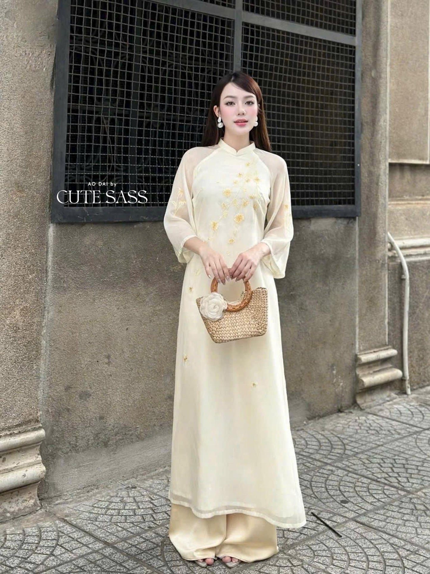 Cream Chiffon with Gold Mai Embroidery Mai Ao Dai Set 35B|Pre-made Vietnamese Ao Dai with Pants | Lunar New Year|Ao Dai Cach Tan