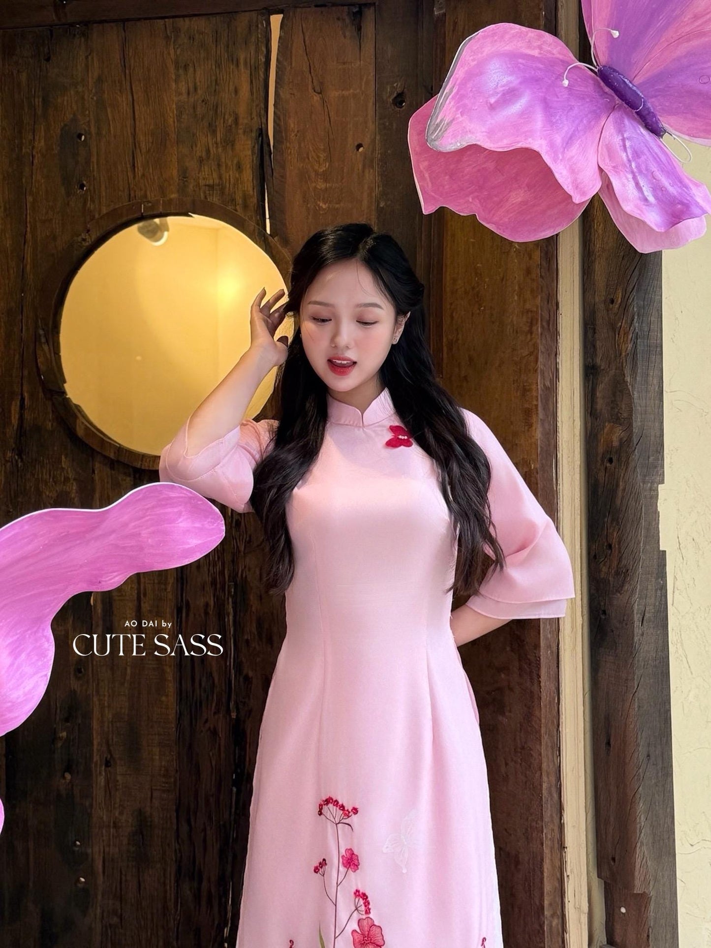 Pink Chiffon 3D Butterflies Ao Dai Set |Pre-made Vietnamese Ao Dai with Pants | Lunar New Year|Ao Dai Cach Tan